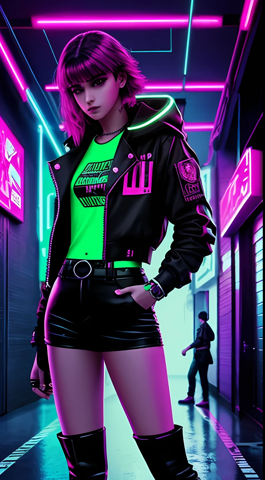 escola cyberpunk, aprender, jovens, faculdade neon futurista, alunos aprendendo neon