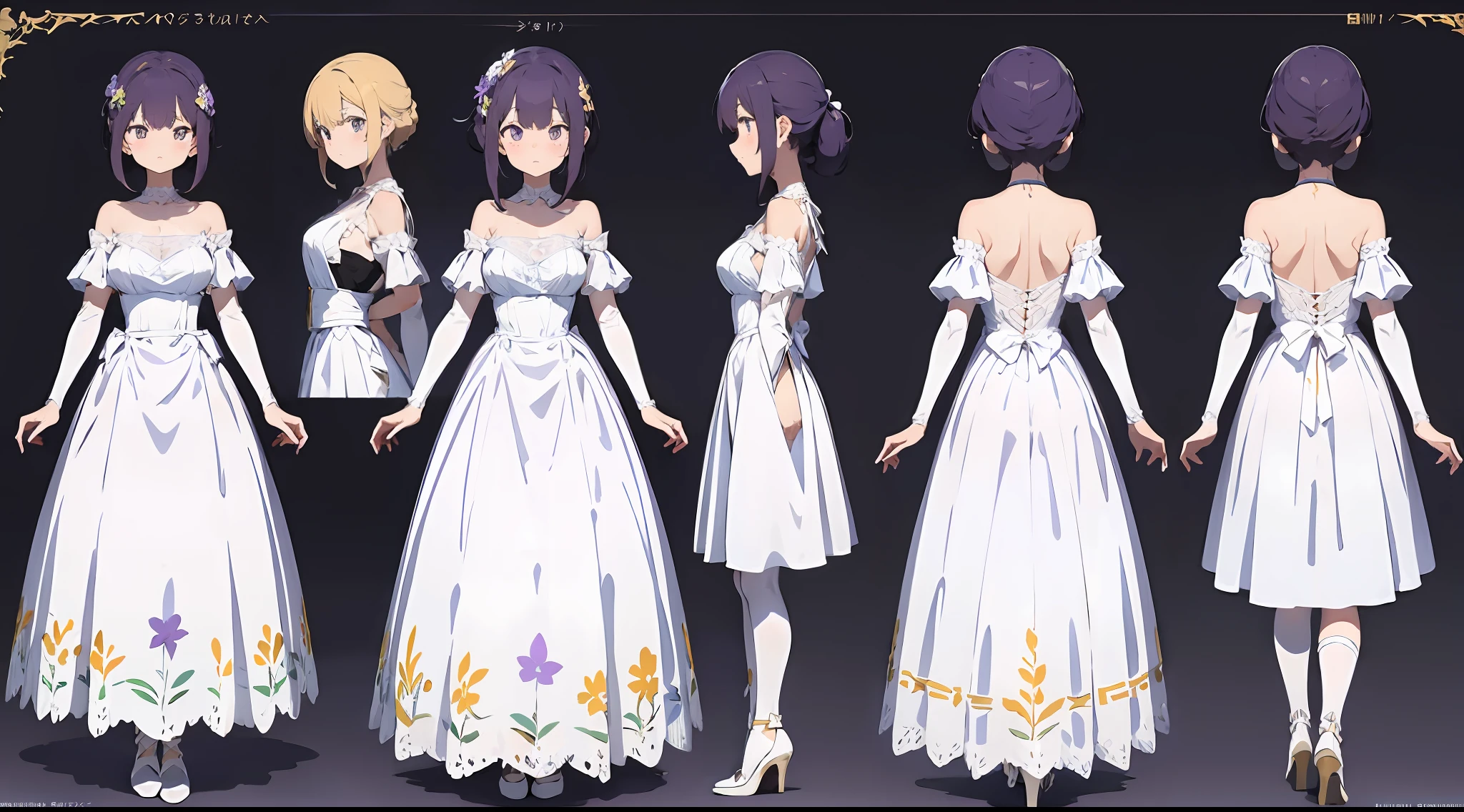 (Masterpiece), Best quality, (CharacterDesignSheet,Same role,frontage,Lateral face,on back), wears a white dress,Purple lace,(White lace gloves,Purple lace),There are flowers on it, Modern art,Lace gloves,Off-the-shoulder attire