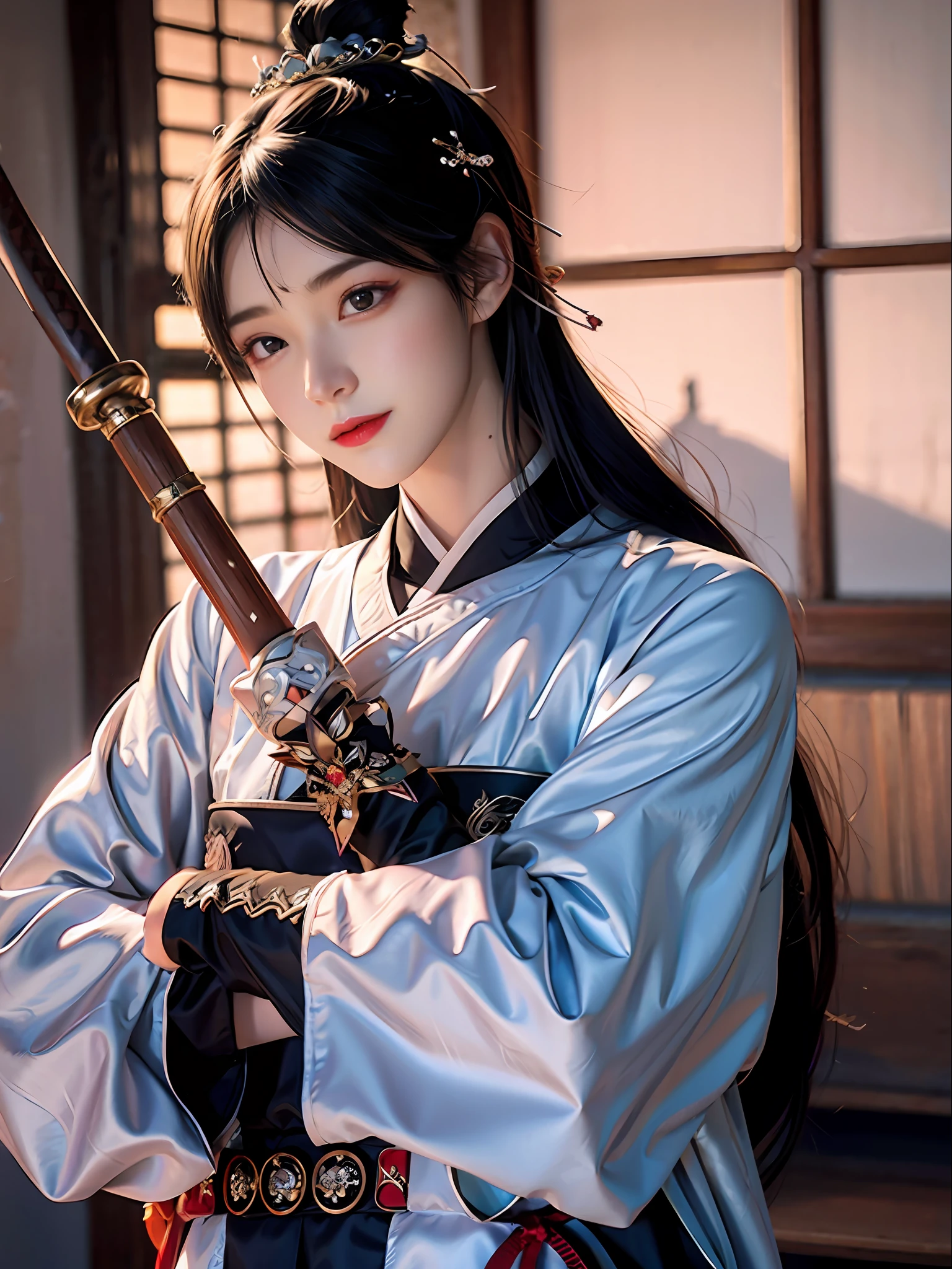 Best quality,grand master,swordsmen,faeries,Hanfu,Holding an ancient sword,heroic look,Pure and cute face,super Beautiful face,super beautiful eye,Super beautiful hair Super beautiful face,Super beautiful eyes,Super beautiful hair,best qualityer, tmasterpiece, A high resolution, Be red in the face, star-shaped bule pupils, Chinese Hanfu, hair adornments, beautiful face,Xianxia,Beautiful,delicated。