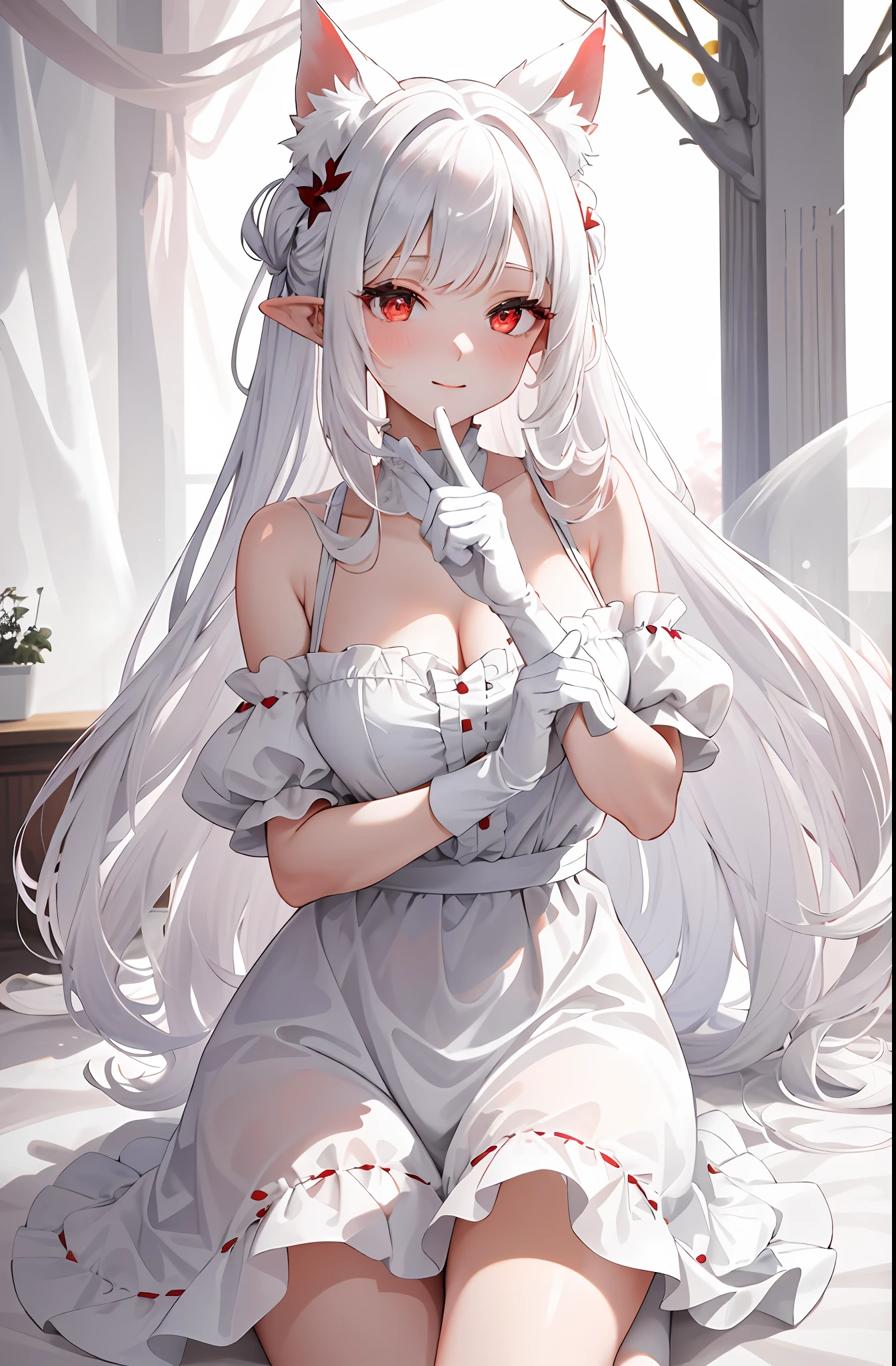 Lazy wind,Big red eyes,White hair,Dull hair,Beast-eared maiden,White tones,sitted,1girll,Solo,adolable,white dresses,Big hazy eyes,Facial details are exquisite,Beth,onbed,Impeccable,Cute pose,Plush cat's paw gloves,Shy laugh,The complexion is reddish