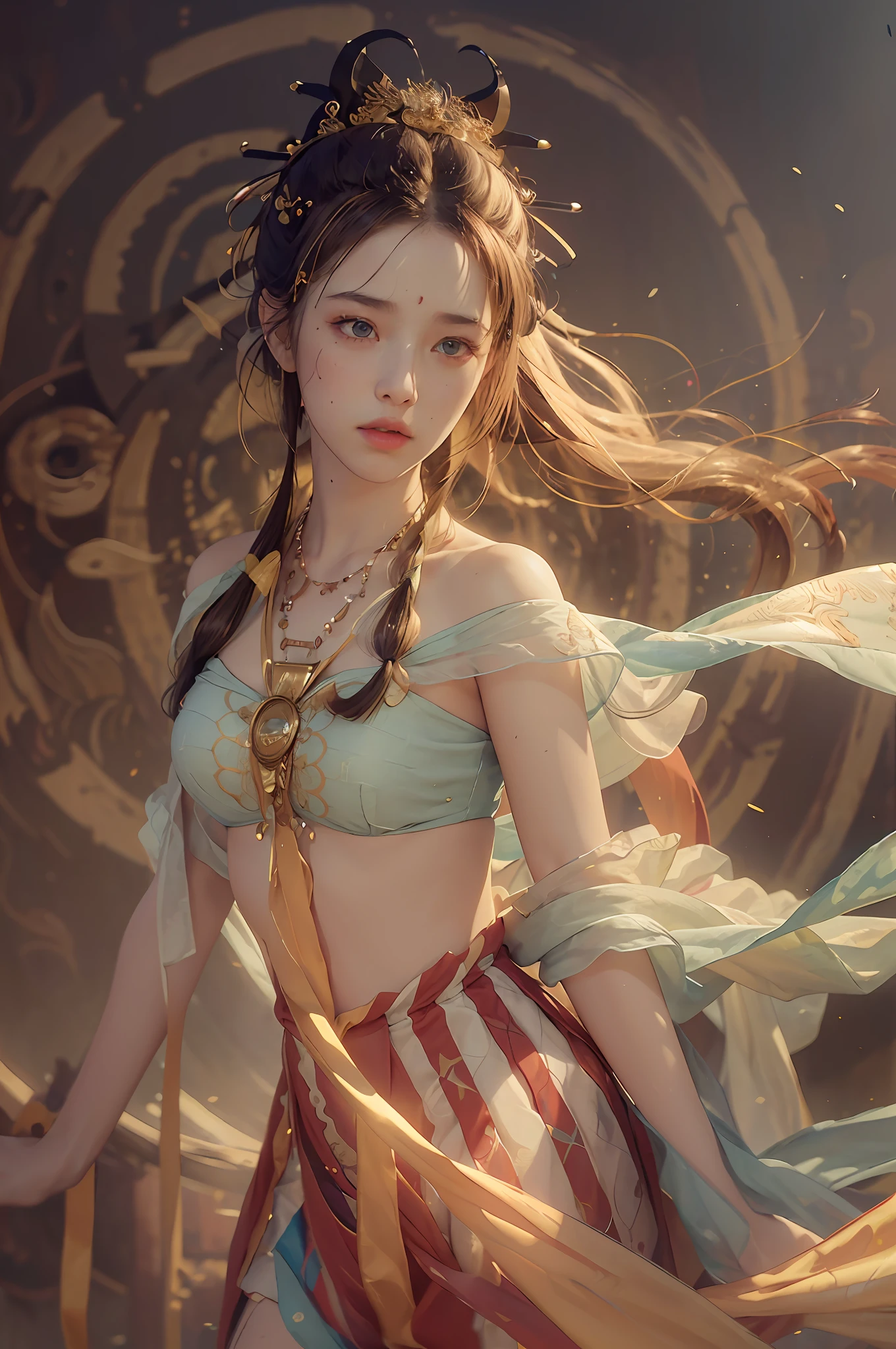 (RAW photo, best quality), (realistic, photo-realistic:1.3),best quality,highly detailed,masterpiece,ultra-detailed,illustration,1girl,upper_body,dynamic angle,world masterpiece theater,messy_long_hair,best quality,extremely detailed CG unity 8k wallpaper,ink,Amazing,cinematic lighting,lens_flare,,dunhuang_style
