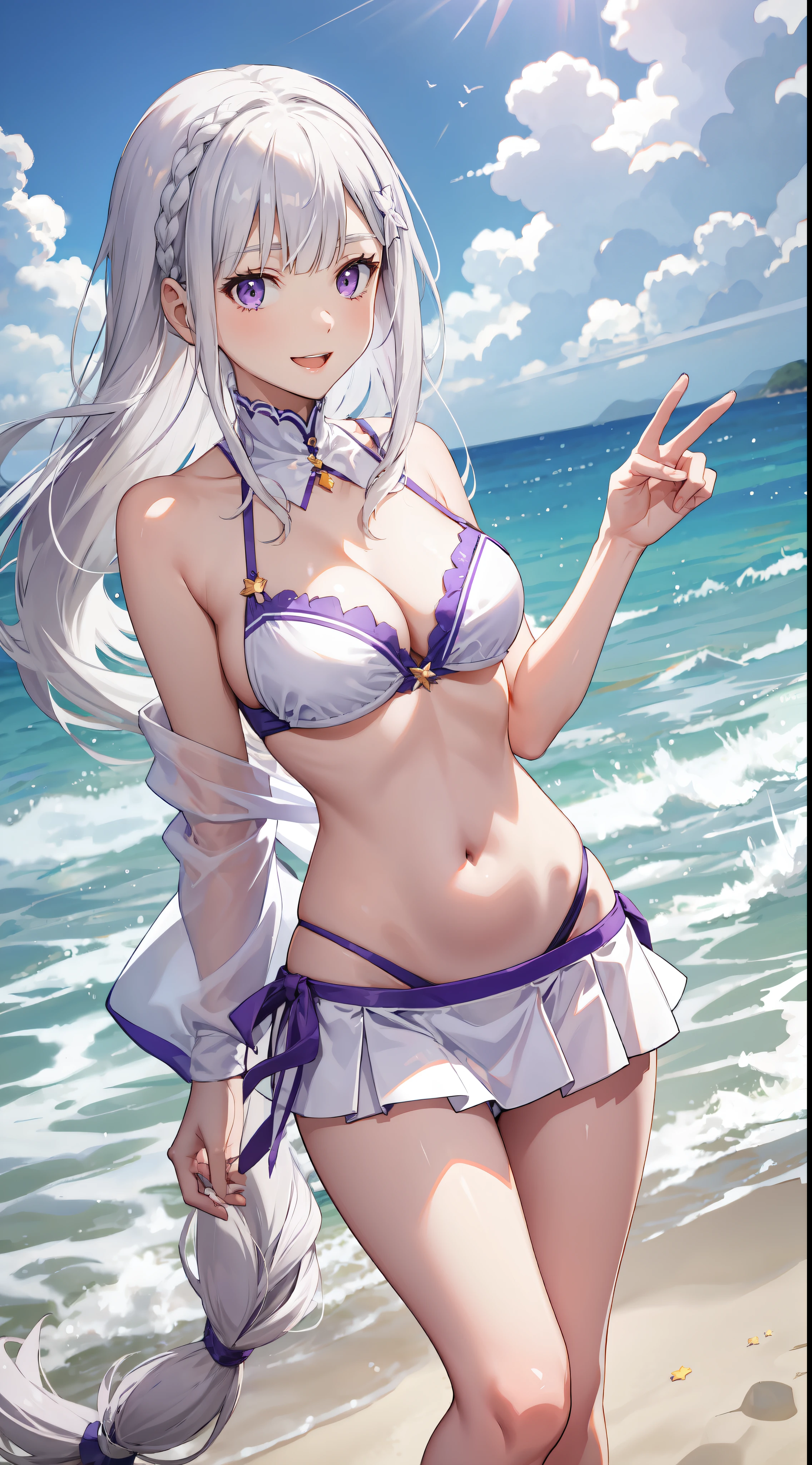slim legs, cleavage, short skirt, navel, purple eyes, emilia, stand, White hair, long hair, side tie bikini, beach, happy