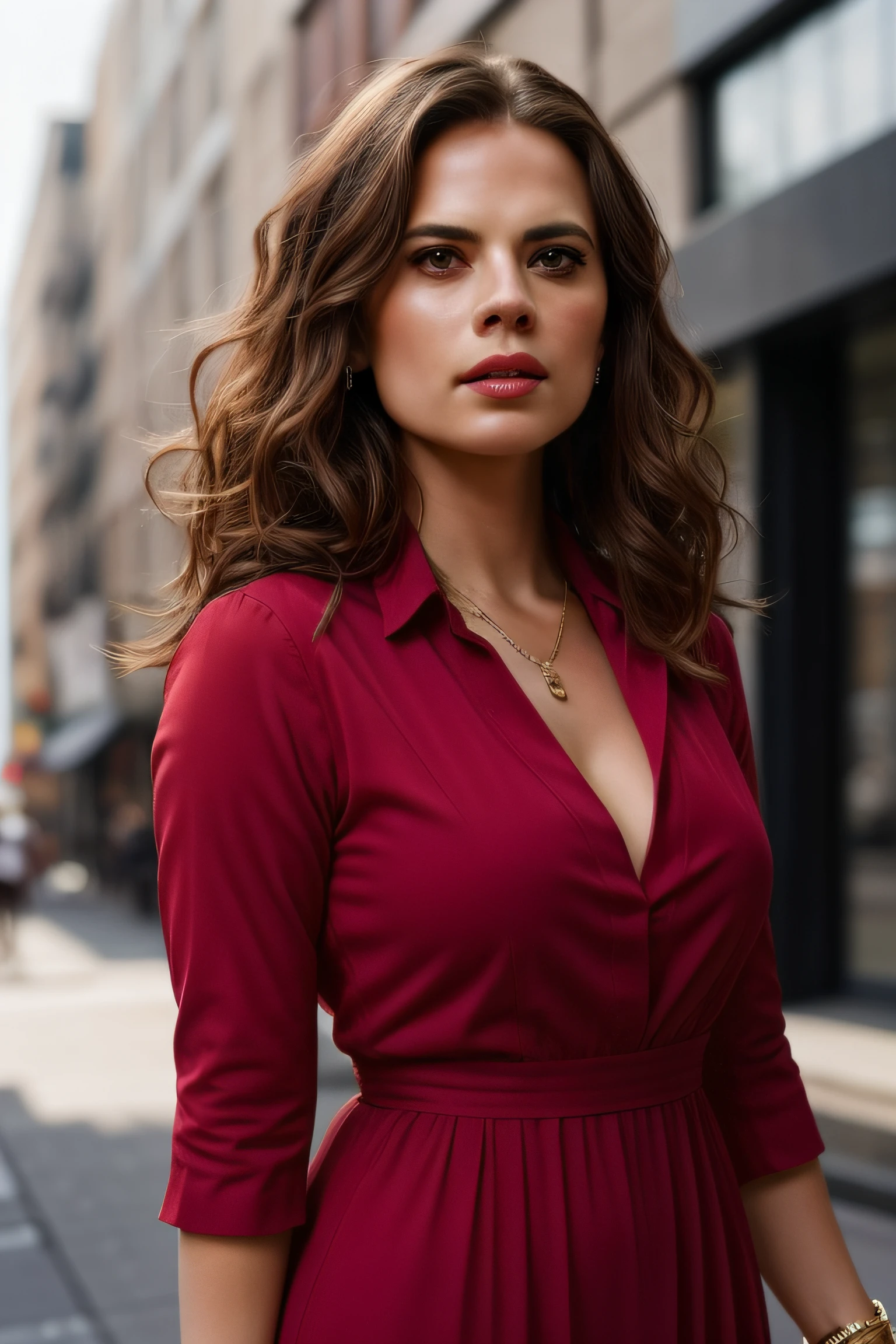 Beautiful woman, Hayley Atwell, dancing, wearing a red maxi dress, beautiful legs, (long curly hair), detailed eyes, (detailed realistic face), highly detailed, modelshoot style, (extremely detailed CG unity 8k wallpaper), (full body shoot) photo of the most beautiful artwork in the world, downtown fashion top model, by Jeremy Mann, trending on ArtStation, trending on CGSociety, Intricate, High Detail, Sharp focus, dramatic, photorealistic painting art by midjourney