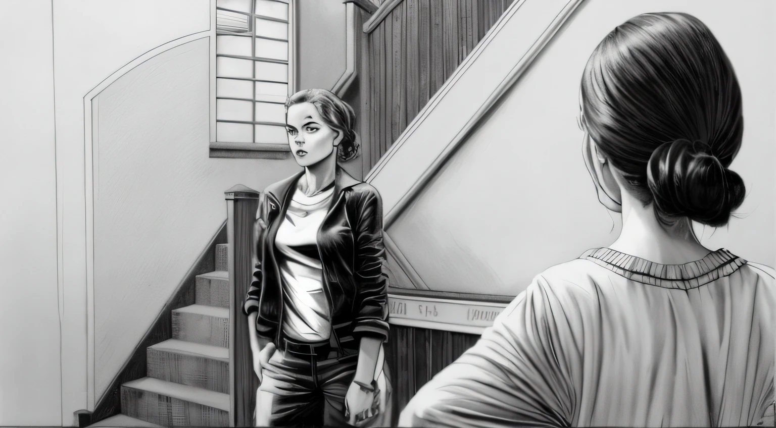 Imagem de uma mulher em frente a uma escadaria, Arte no estilo de Terry Moore, desenhado em um estilo neo - noir, estilo graphic novel, inspirado em F. Scott Hess, art of the graphic novel, desenhado em um estilo noir, comic drawing style, black and white manga panel, inspirado em F Scott Hess, sombreamento de tom de tela