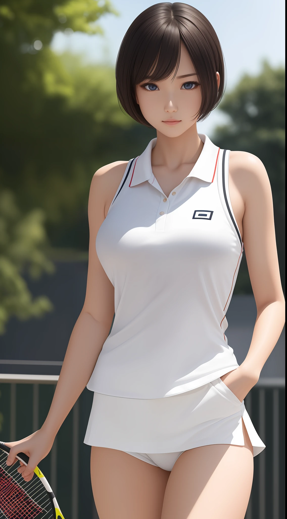 1girl, 独奏, White Polo shirt, white sneakers, Tennis suit, White panties, 巨作, Best Quality, Realistic, A highly detailed, (Lustrous Skin, sweating: 1.4), ridiculous, looking at the audience, black short hair, Brown eyes, slender, Dynamic light and shadow, high-resolution, sharp focus, Depth-of-field, Beautiful eyes, Sharp pupils, realistic pupils, (small chest: 1.6), (Thigh thickness: 1.0), outdoor, sky