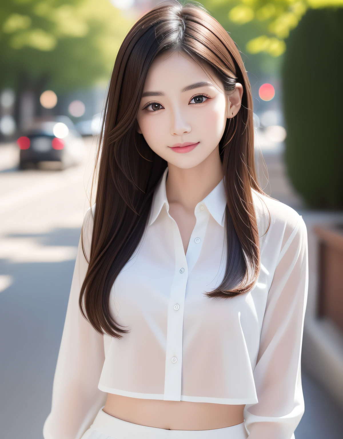 best quality, white skin, real human skin, (detailed fac), oval face, pores, ultra high res, (8k, RAW photo, photorealistic:1.4), 1girl, slim, (looking at viewer with a serene and goddess-like happiness:1.2), ( lipgloss, eyelashes, gloss-face, best quality, ultra highres, Broad lighting, natural shading), oversized jacket, fashion shirt,  cityscape,