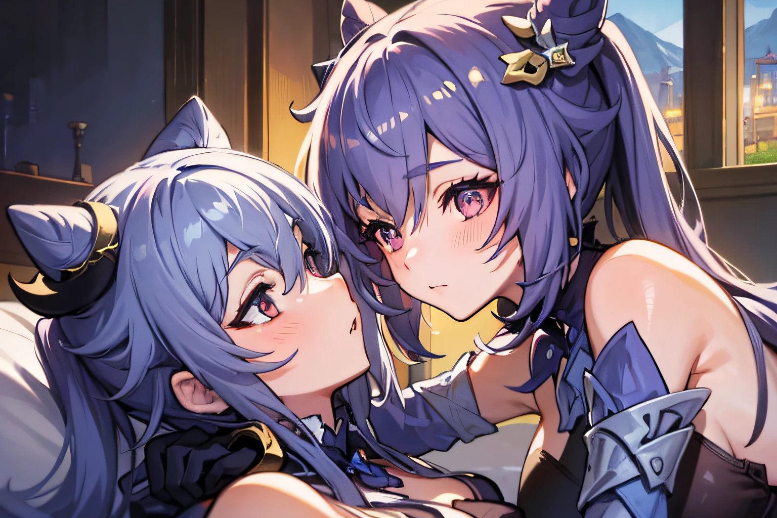(2 Girls 1.4), (1st party using lora1 Keqing Genshin Effects), (The 2nd person uses lora2 Ganyu Genshin., Gilen has two horns..)Two women were sitting on the floor and one was holding a knife in hand........, One woman carries another woman........, Sit with your wrists together........, Two beautiful girls in love, Two women........, Lesbian Art, Homosexual girl groups, Handshake, vector art illustration, flat illustration, Flat shading illustration, Lie down with your wrists together........, two girls, lesbian, Embrace Lesbians,(2:Girls together.........), (NSTDA.:1.2), (10, beste-Qualit, master-piece: 1.4), ultra-high resolution, (lifelike, photorealistic portrait: 1.48), 20 age, Cute Girl, (See through the bikini beetle), Famous Japanese actors, beautiful clear eyes, G Cup Big Breasts, Head tilt., cowboy shot, from the side, looking at the audience, expressionless, Beautiful lake, Zeiss 150mm F/ 2.8 Hasselblad, Around the lake there are high mountains surrounded by striped mountains..........., Whole body, foot, Ultra-Wide Angle, The backyard is a beautiful sea............................................................. ,