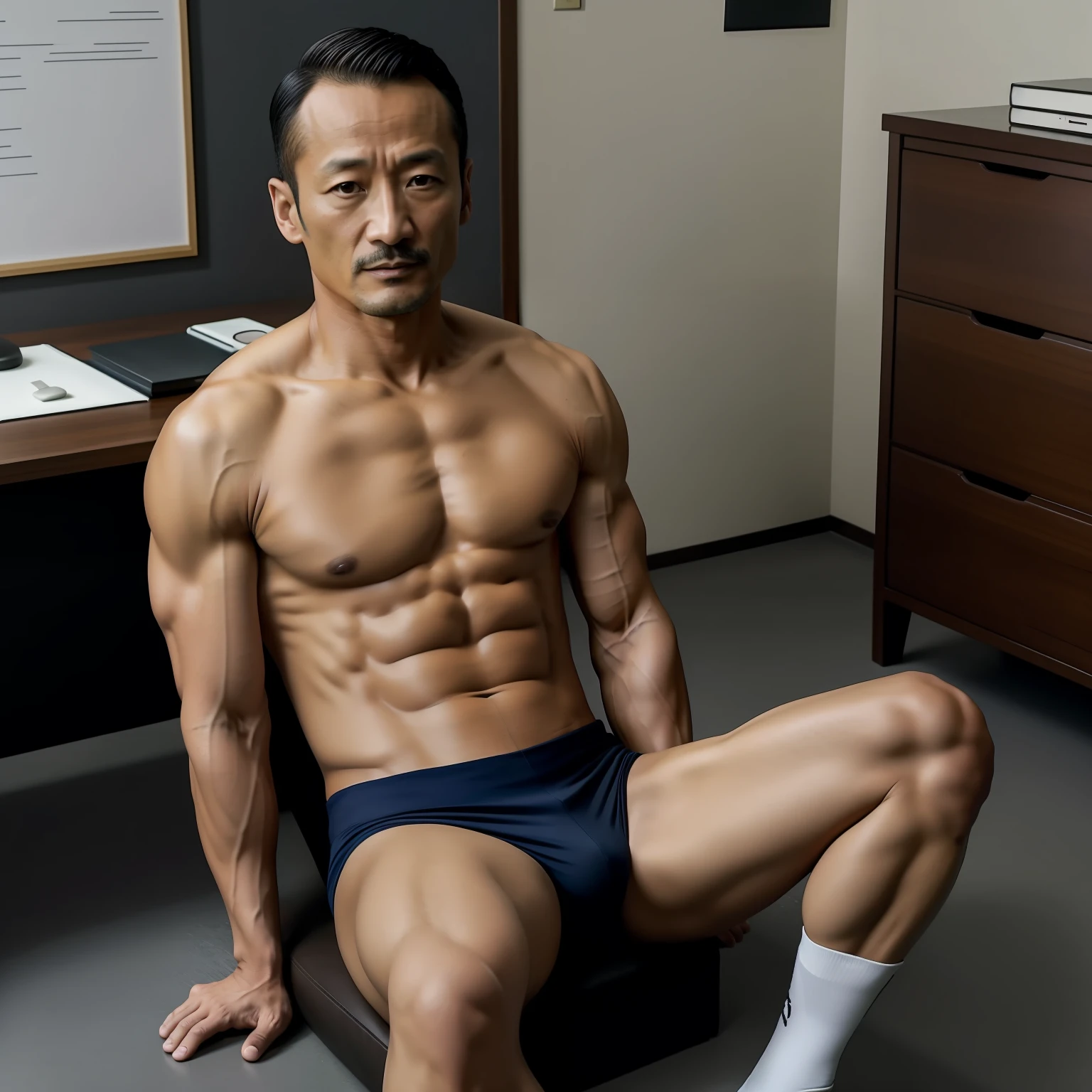 45 yers old，Hidetoshi Nakata，（Kogoro Mouri 1.3），Shirtless，Tong，Bulge，The office is sitting，black long socks，Thin，musculature，lbeard，fortitude，artwork of a，tmasterpiece，k hd，standing on your feet