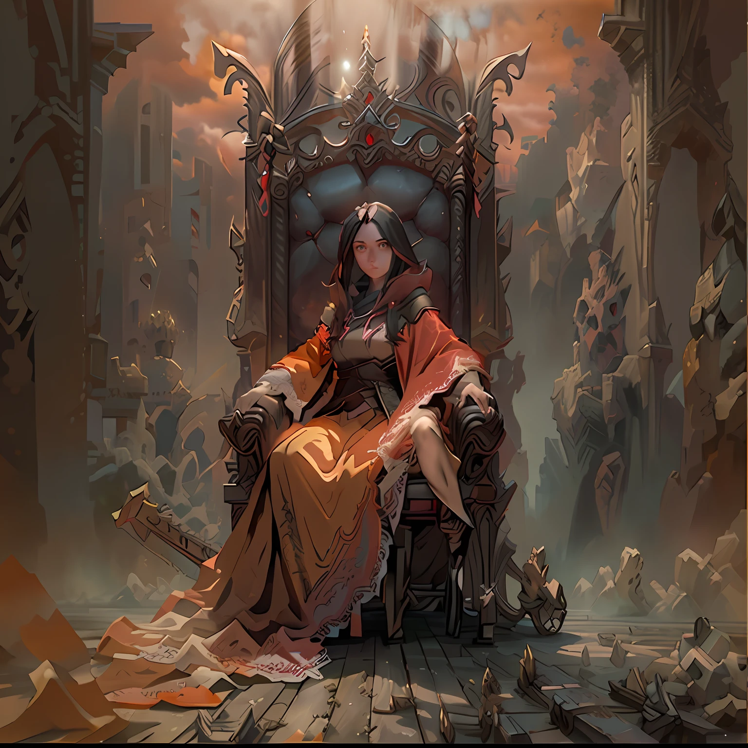 A man stands behind the throne, The image dissolves in a haze, dawning, portraite of a, Clear facial detail, A 30-year-old dark-haired woman in a raincoat sits on a huge throne,  There is a hood on his head, Arms outstretched into the sky,  in the foreground, the Sword sticks out of the floor, 真实感, higly detailed, Good clarity, fentezi, 4 КК, Warm colors