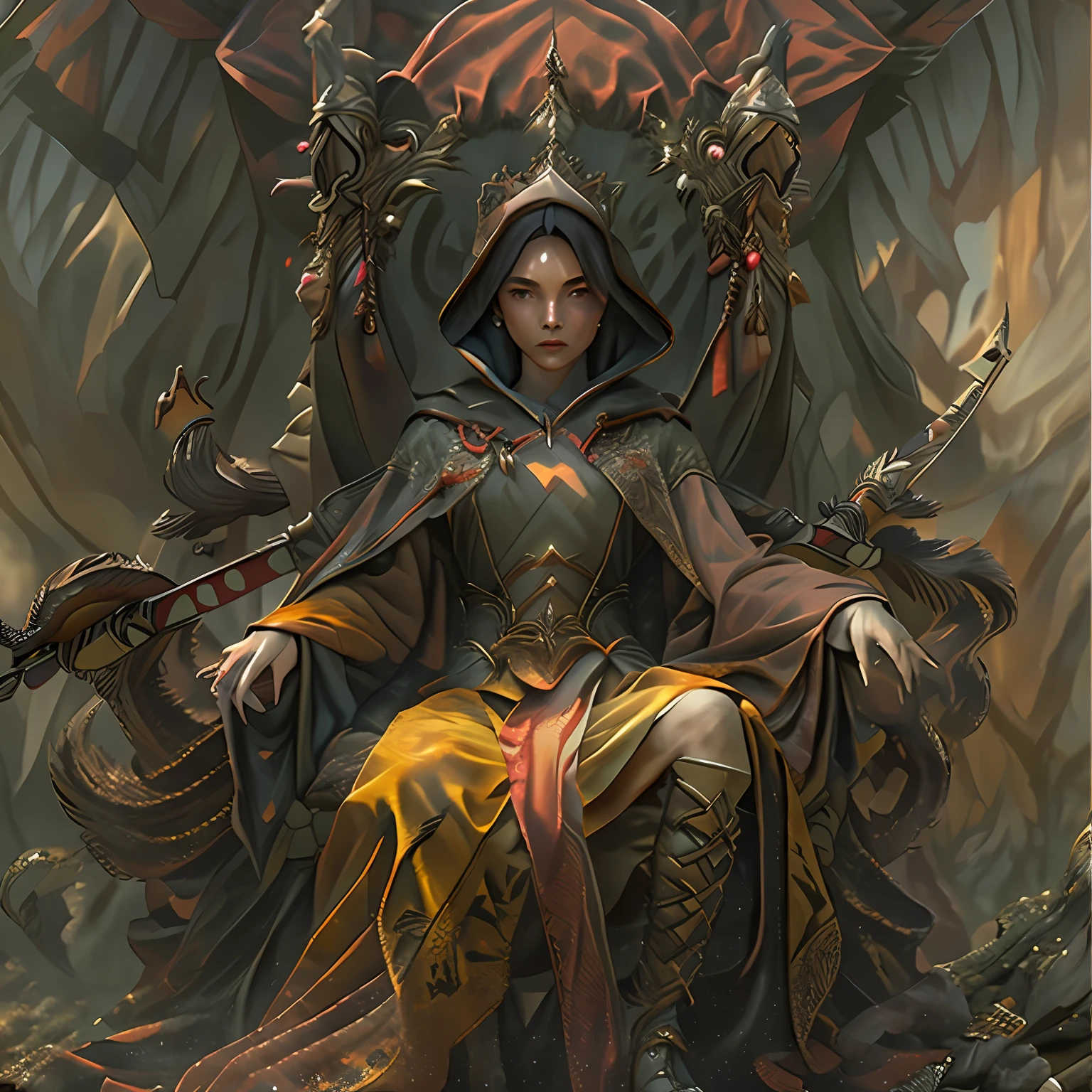 A man stands behind the throne, The image dissolves in a haze, dawning, portraite of a, Clear facial detail, A 30-year-old dark-haired woman in a raincoat sits on a huge throne, There is a hood on his head, Arms outstretched into the sky, in the foreground, the Sword sticks out of the floor, 真实感, higly detailed, Good clarity, fentezi, 4 КК, Warm colors