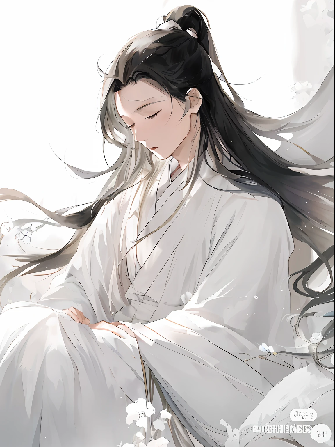 Long hair anime girl in white dress, flowing hair and long robes, flowing white robe, Inspired by Seki Dosheng, White Hanfu, flowing white robe, Inspired by Zhao Yuan, Delicate androgynous prince, Beautiful androgynous prince, wearing a long flowing robe, flowing magical robe, in a cloak with long hairs, wearing a long flowing robe