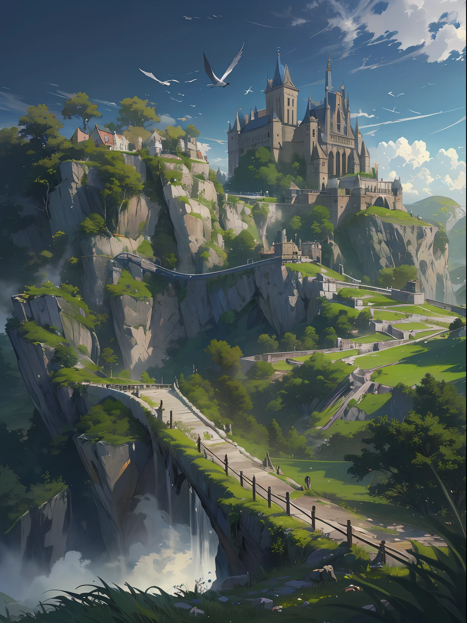 (((close-up shot))), ((high quality)), highly_detailed, extremely_detailed_CG_unity_8k_wallpaper, illustration, highres, absurdities, beautiful_detailed_build, finely_detailed_architecture, high_detail_house_, bird, blue_sky, building, castle, city, phenomenon, cloud, cloudy_sky, daytime, faces_away, grass, horizon, landscape , mountain, nature, outdoor, overgrown, river, rock, ruins, landscape, sky, soil, standing, tree, water, waterfall