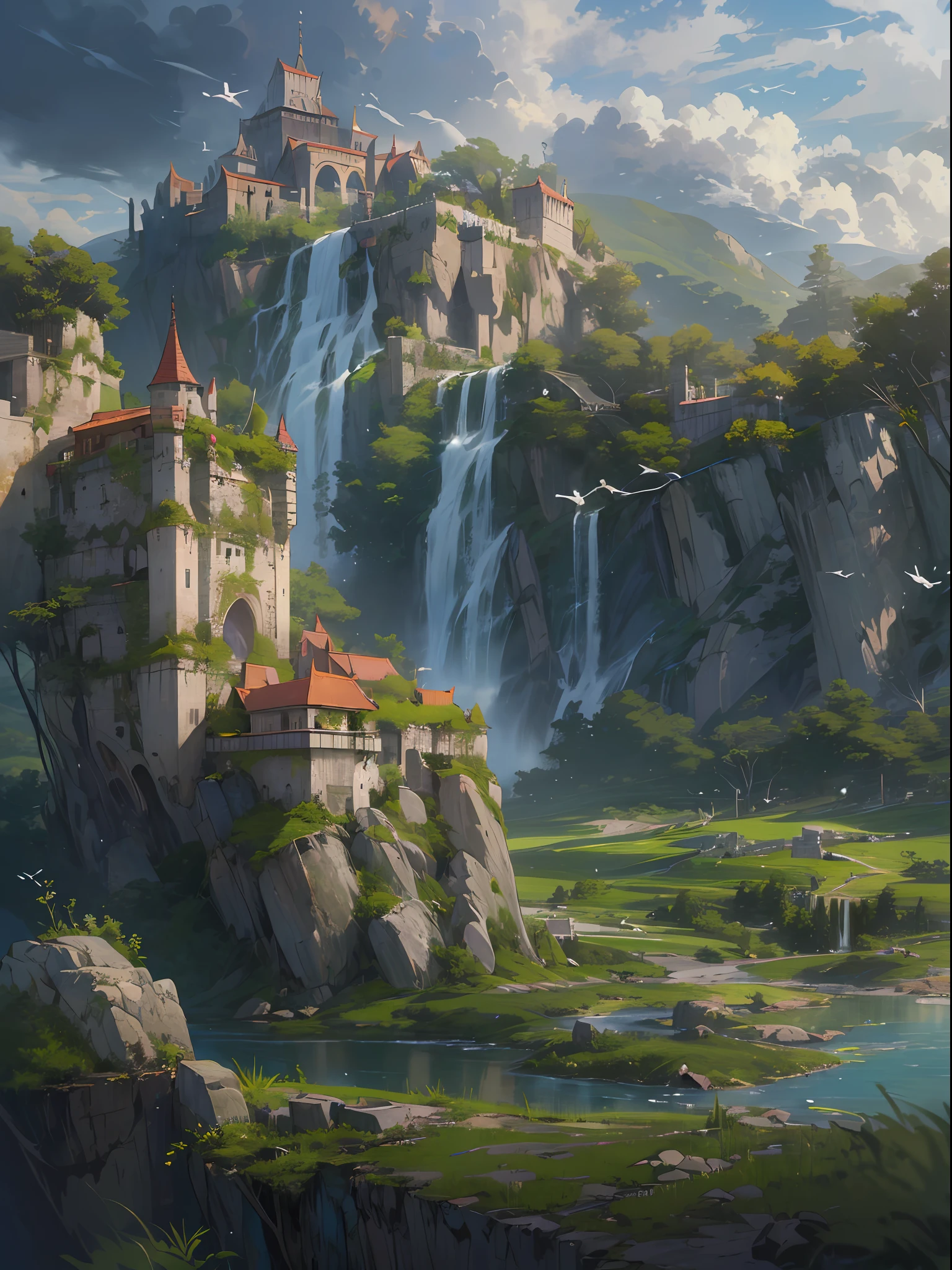 (((close-up shot))), ((high quality)), highly_detailed, extremely_detailed_CG_unity_8k_wallpaper, illustration, highres, absurdities, beautiful_detailed_build, finely_detailed_architecture, high_detail_house_, bird, blue_sky, building, castle, city, phenomenon, cloud, cloudy_sky, daytime, faces_away, grass, horizon, landscape , mountain, nature, outdoor, overgrown, river, rock, ruins, landscape, sky, soil, standing, tree, water, waterfall