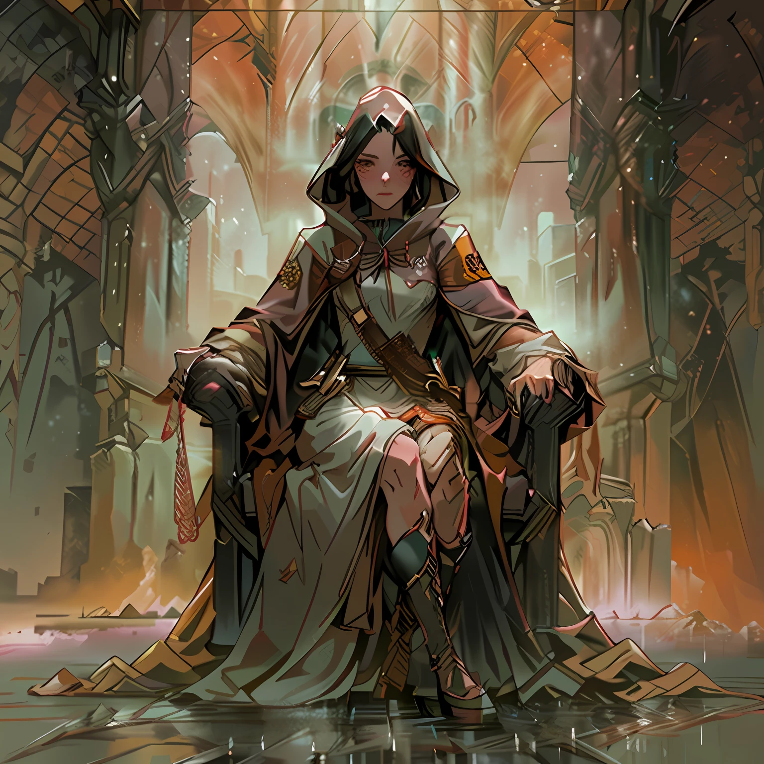 A man stands behind the throne, The image dissolves in a haze, dawning, portraite of a, Clear facial detail, A 30-year-old dark-haired woman in a raincoat sits on a huge throne,  There is a hood on his head, Arms outstretched into the sky,  in the foreground, the Sword sticks out of the floor, 真实感, higly detailed, Good clarity, fentezi, 4 КК, Warm colors