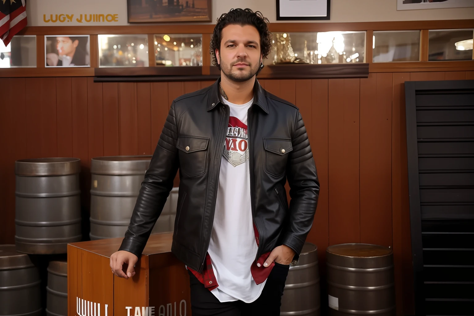 Arafed man in a leather jacket standing, Bam Margera, em uma velha jaqueta de couro dos anos 1950, usando uma jaqueta de voo de couro, roupas de couro, usando jaqueta de couro, In Sao Paulo, Nick Drnaso, barra de fundo, vestido com jaqueta de couro, vestindo couro, usando uma jaqueta de couro