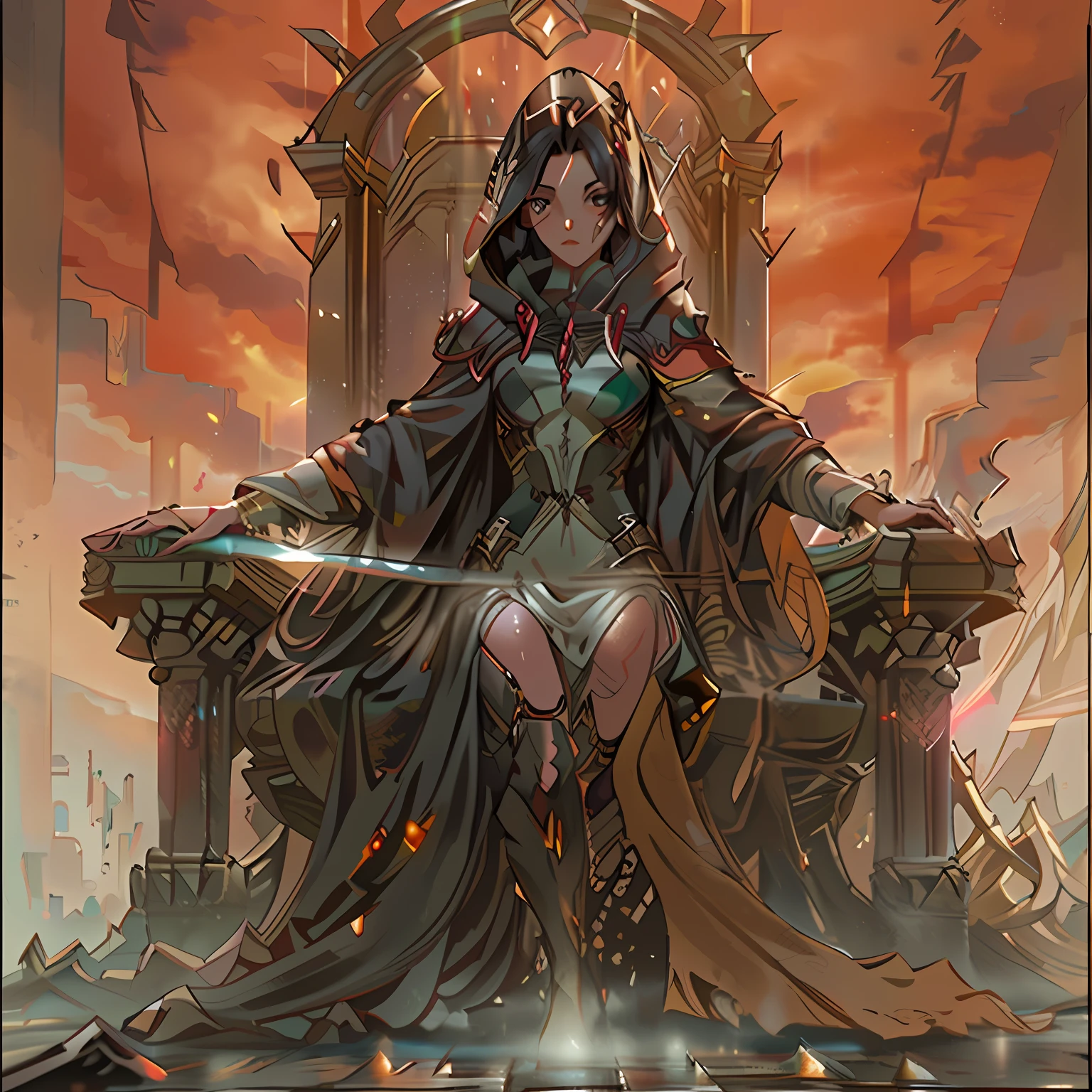 A man stands behind the throne, The image dissolves in a haze, dawning, portraite of a, Clear facial detail, A 30-year-old dark-haired woman in a raincoat sits on a huge throne,  There is a hood on his head, Arms outstretched into the sky,  in the foreground, the Sword sticks out of the floor, 真实感, higly detailed, Good clarity, fentezi, 4 КК, Warm colors