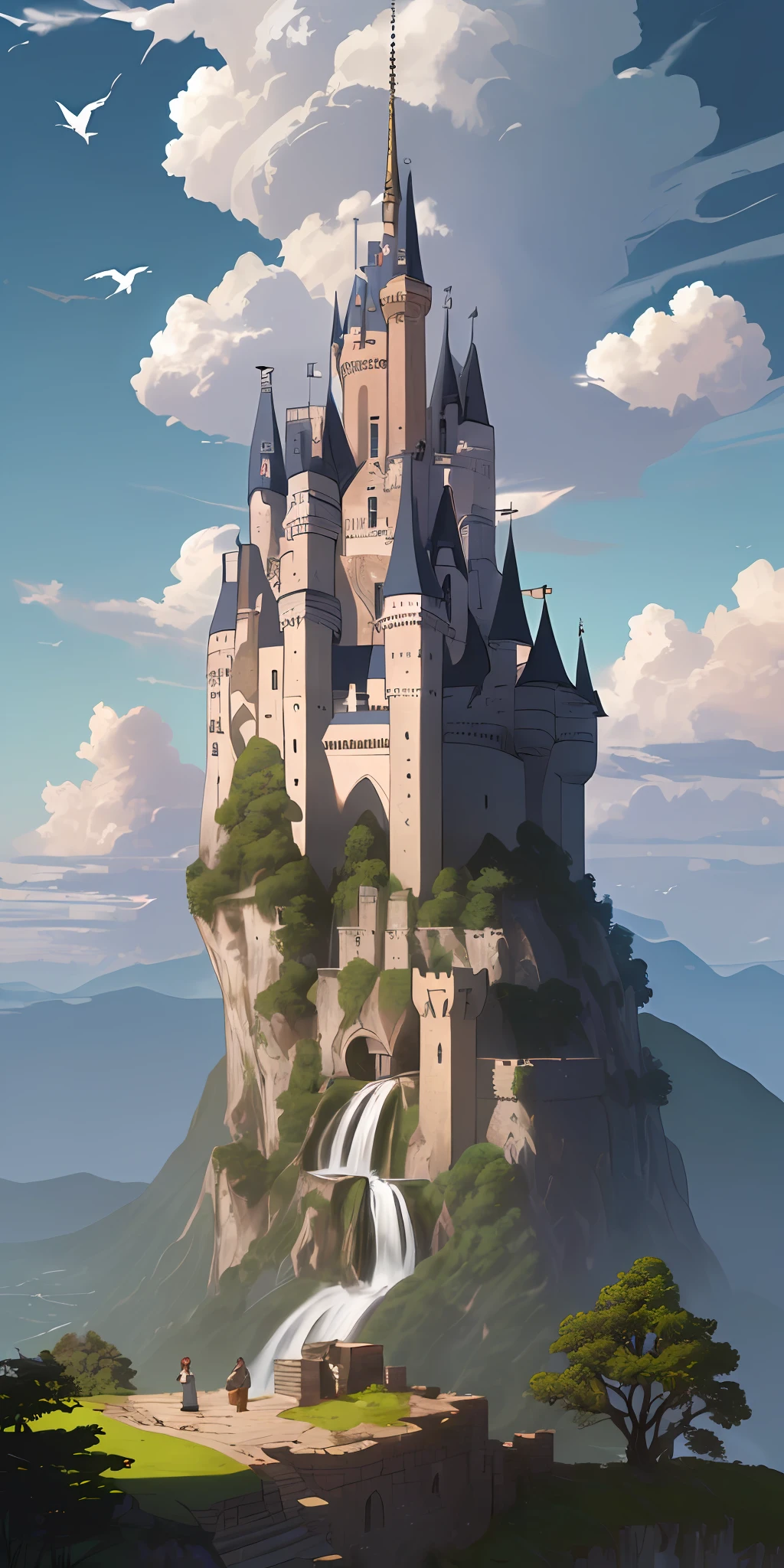 (((high quality))), highly_detailed, extremely_detailed_CG_unity_8k_wallpaper, illustration, highres, absurdities, beautiful_detailed_build, finely_detailed_architecture, high_detail_house_, bird, blue_sky, building, castle, city, phenomenon, cloud, cloudy_sky, daytime, faces_away, grass, horizon, landscape , mountain, nature, outdoor, overgrown, river, rock, ruins, landscape, sky, soil, standing, tree, water, waterfall