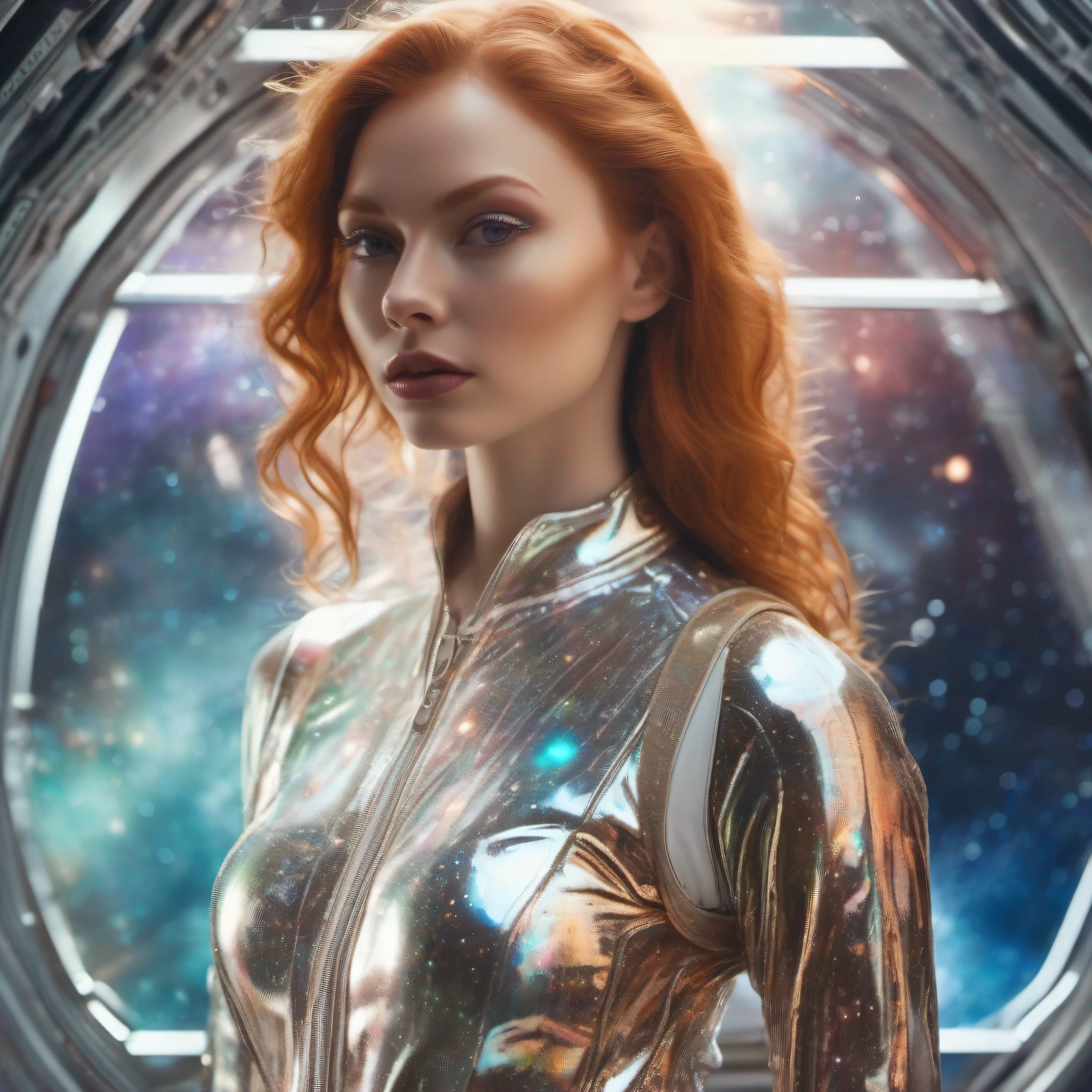 shot of gorgeous ginger woman with tight white holographic jumpsuit, glass window of a spaceship showing the galaxy as background, midshot, glossy holographic jumpsuit, very detailed face, incredibly detailed face, focus on face, very beautiful woman, best quality, best resolution, DSLR camera, year 2222