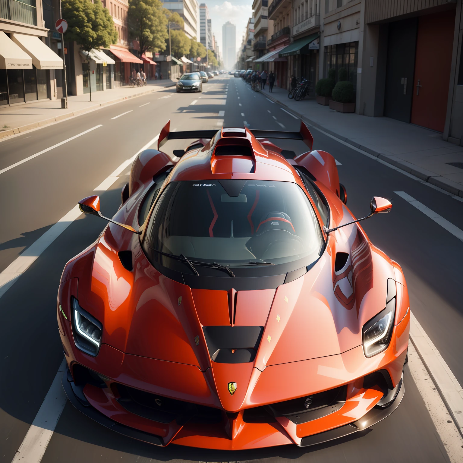 uma la ferrari esporte futurista na rua de uma cidade futurista