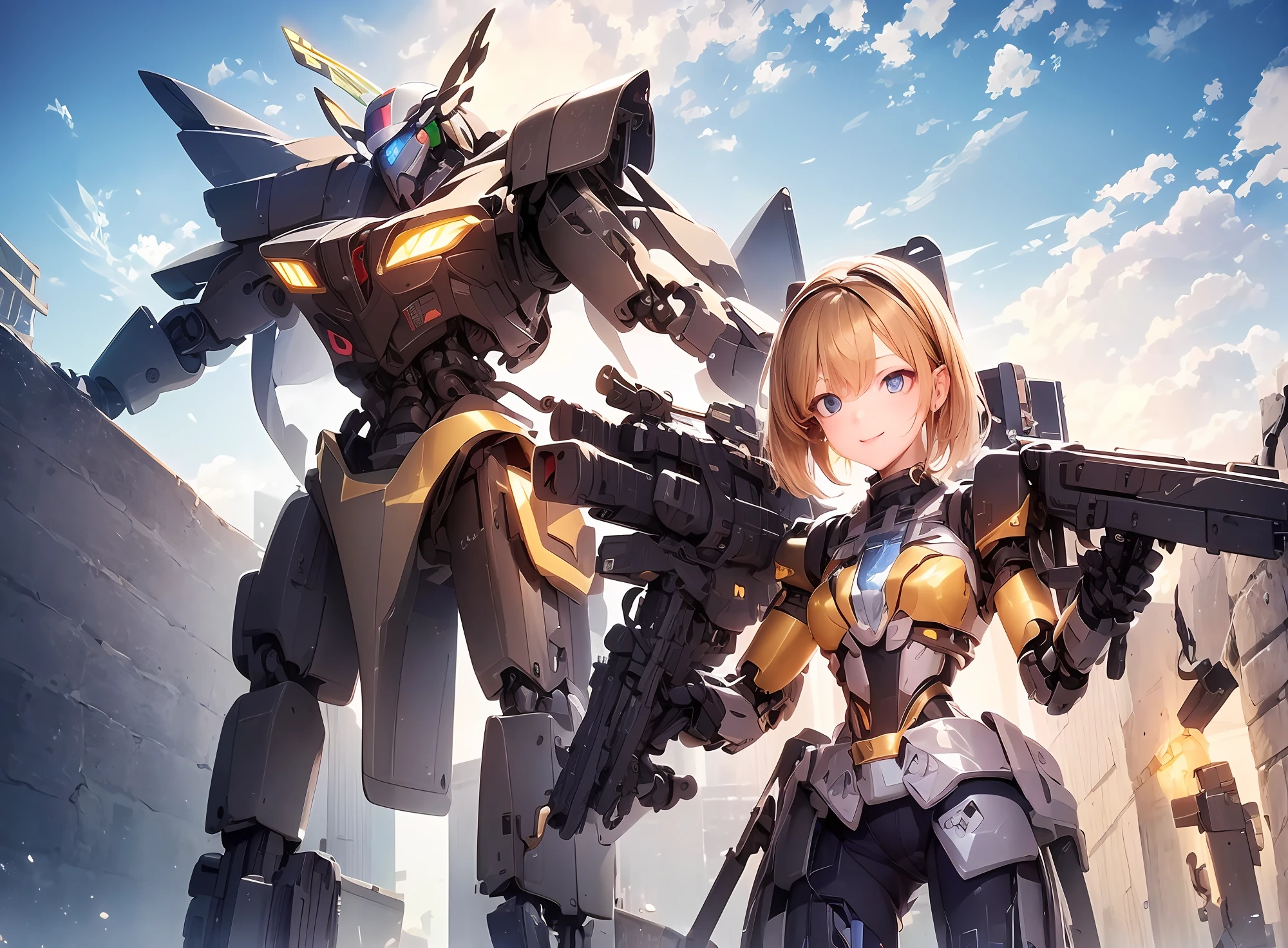 (best quality, masterpiece), a mecha  on the backgound, 1girl stand on the front, bright mood,