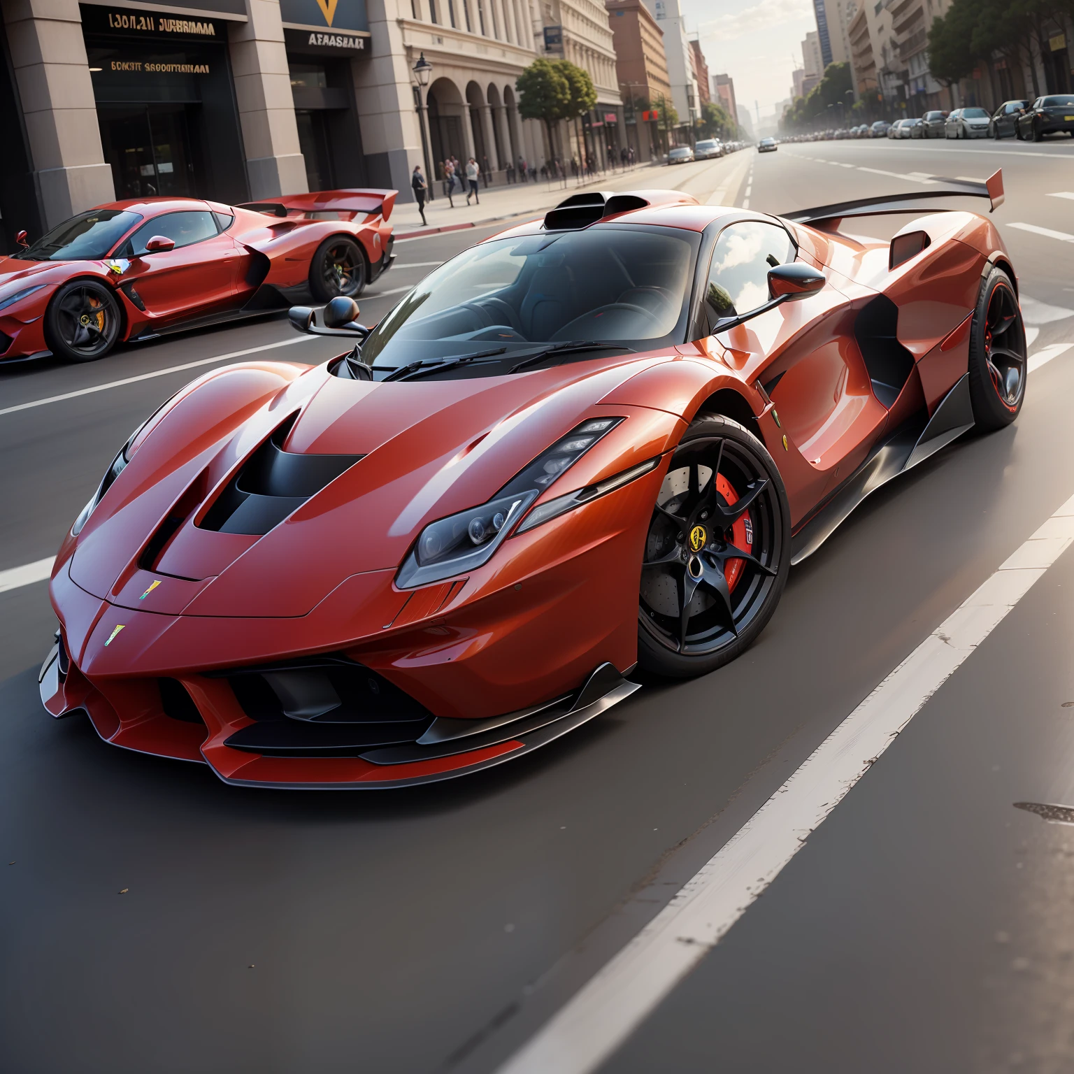 uma la ferrari esporte futurista na rua de uma cidade futurista