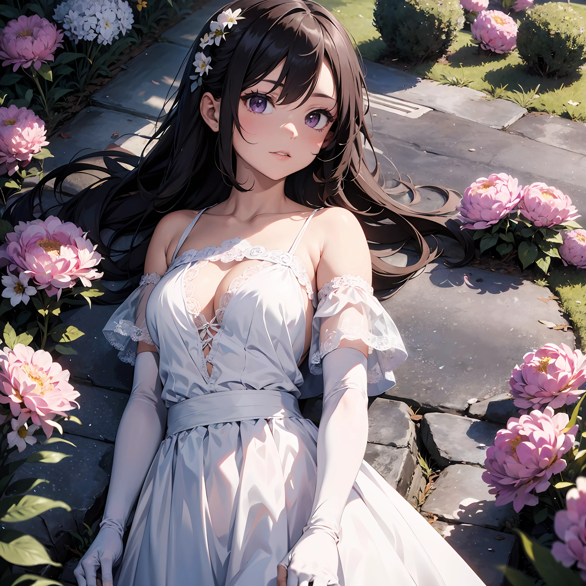 (Masterpiece), Best quality, (CharacterDesignSheet,Same role,frontage,Lateral face,on back), wears a white dress,Purple lace,(White lace gloves,Purple lace),There are flowers on it, concept-art,Lace gloves,Off-the-shoulder attire