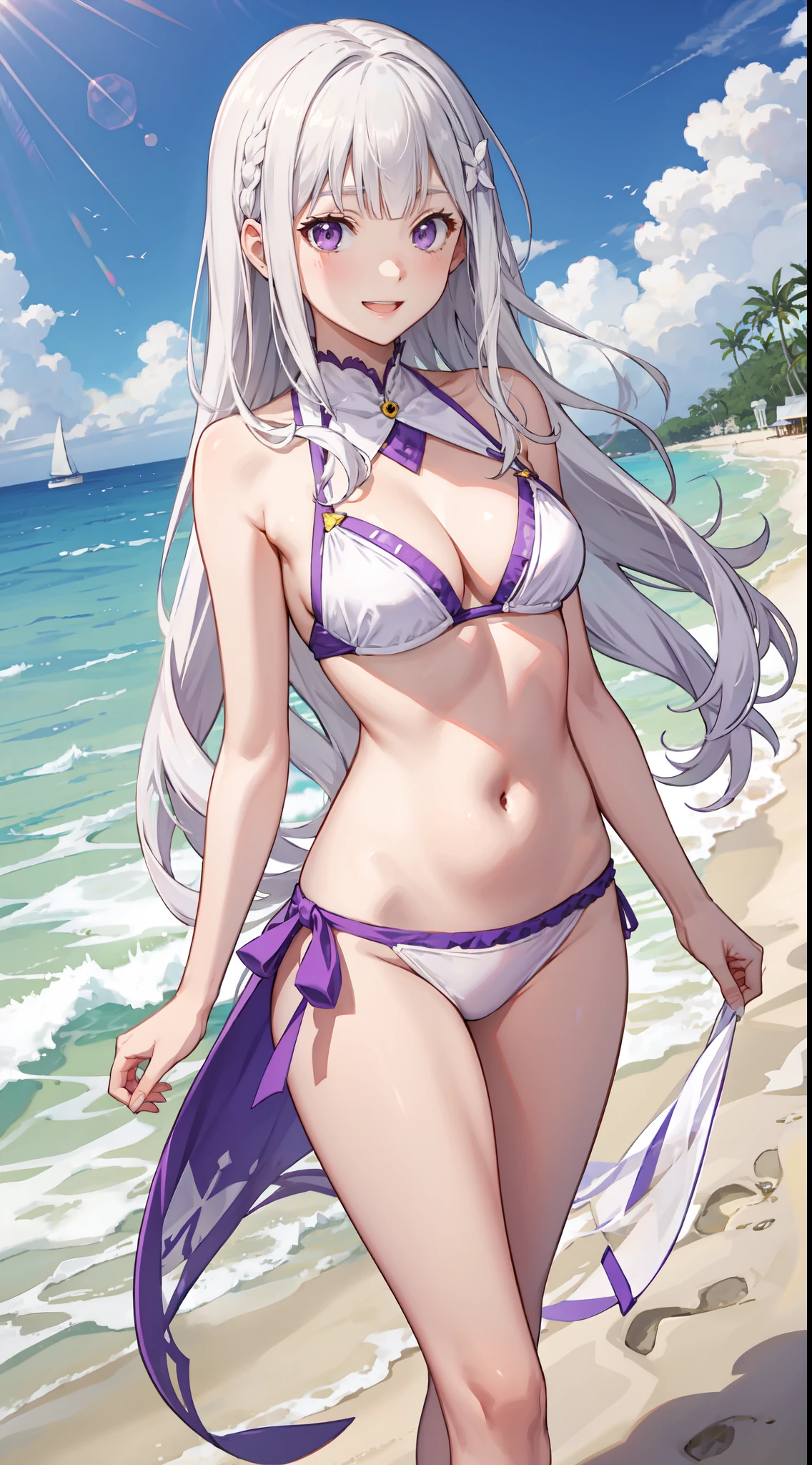 slim legs, cleavage, navel, purple eyes, emilia, stand, White hair, long hair, side tie bikini, beach, happy