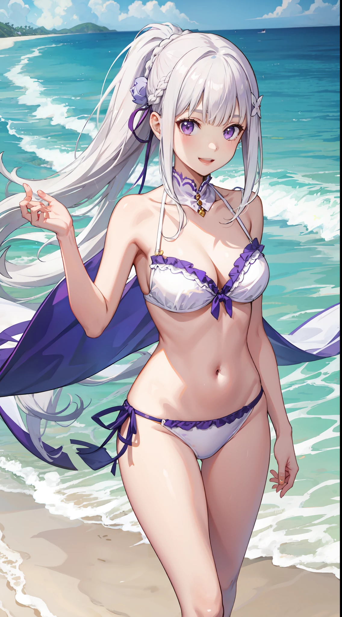 slim legs, cleavage, navel, purple eyes, emilia, stand, White hair, long hair, side tie bikini, beach, happy