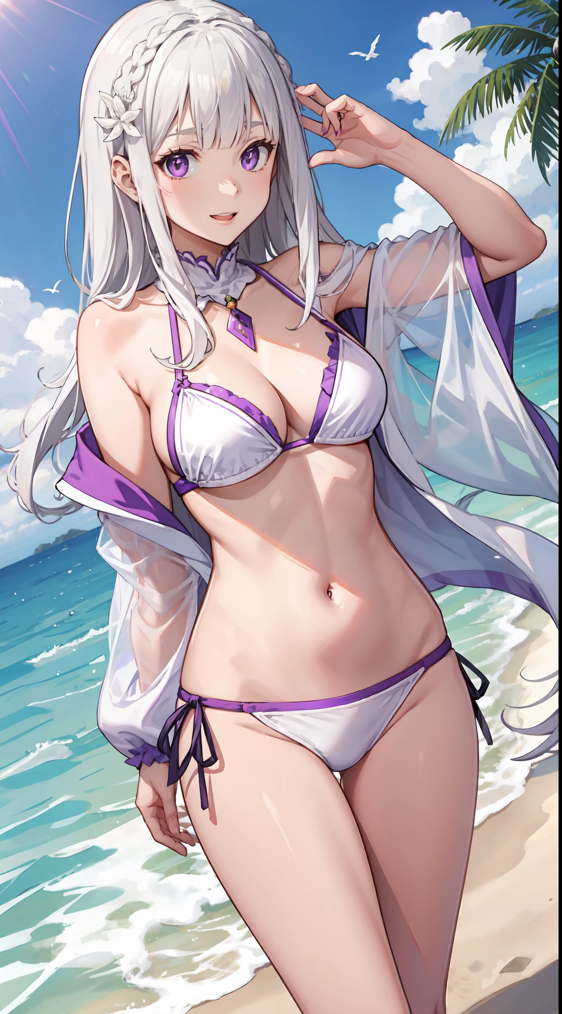 slim legs, cleavage, navel, purple eyes, emilia, stand, White hair, long hair, side tie bikini, beach, happy