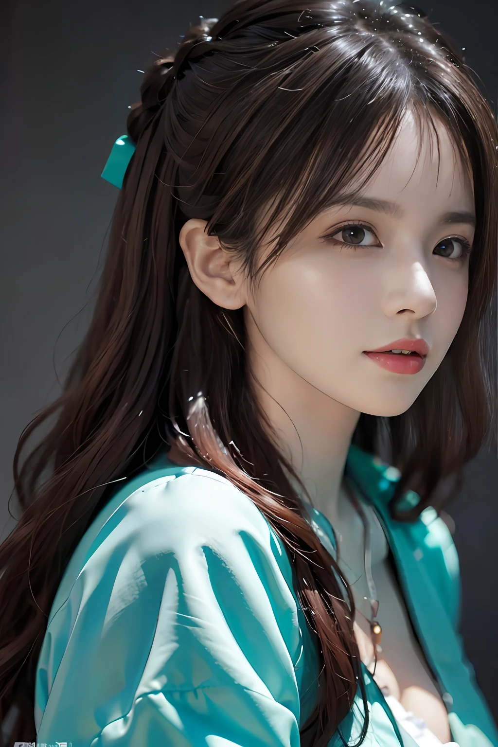 Portrait of a female hyperrealist by David Hockney and Alphonse Mucha、Fantasyart、Photorealsitic、动态照明、art stations、poster for、Volumetric lighting、extra detailed face、4 k、Award-winning、、1girl、dark、deep-shadows、lowkey、cowboy shot、(Formula service:1.4)、length hair、tennis coat、Tennis Wear