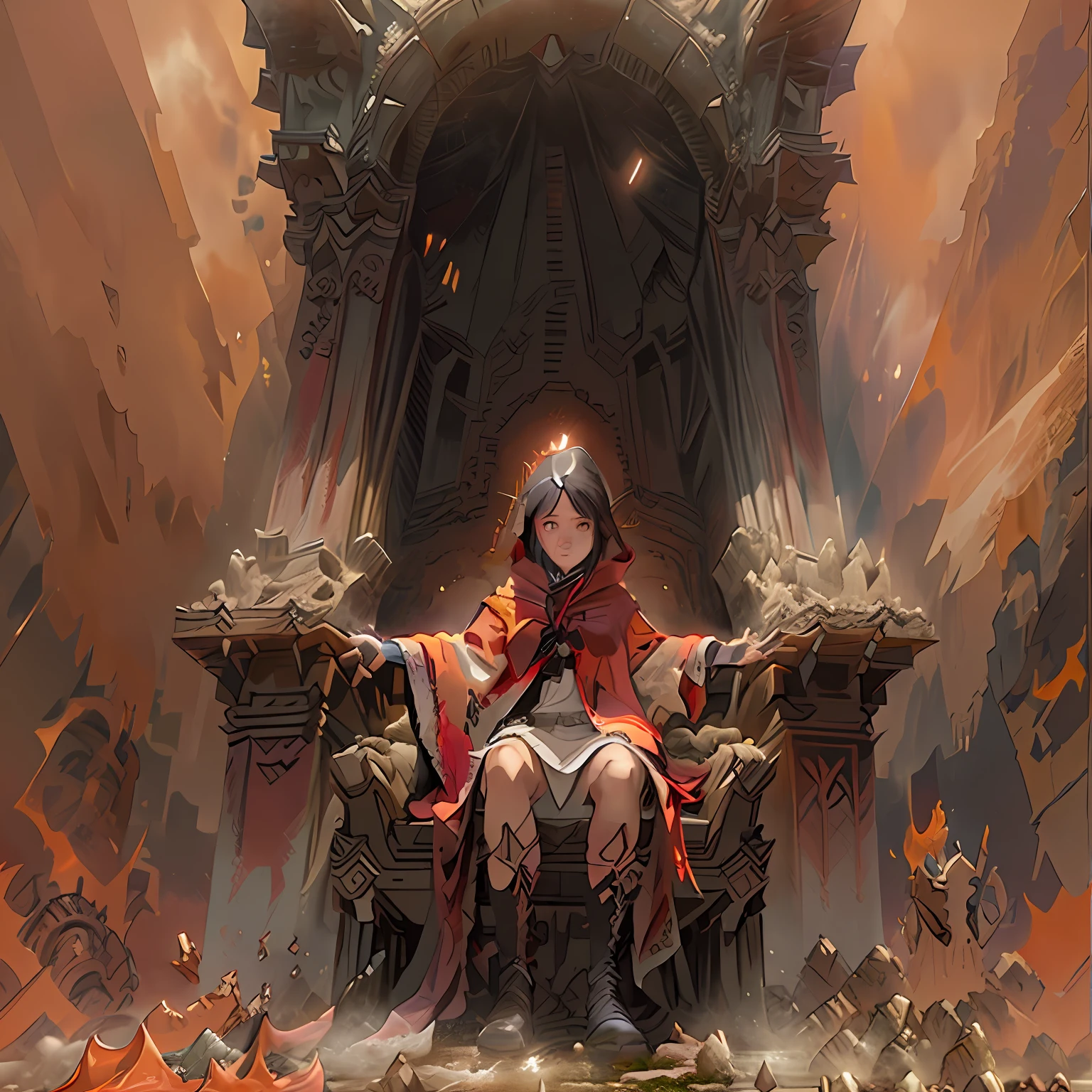 A man stands behind the throne, The image dissolves in a haze, dawning, portraite of a, Clear facial detail, A 30-year-old dark-haired woman in a raincoat sits on a huge throne,  There is a hood on his head, Arms outstretched into the sky,  in the foreground, the Sword sticks out of the floor, 真实感, higly detailed, Good clarity, fentezi, 4 КК, Warm colors