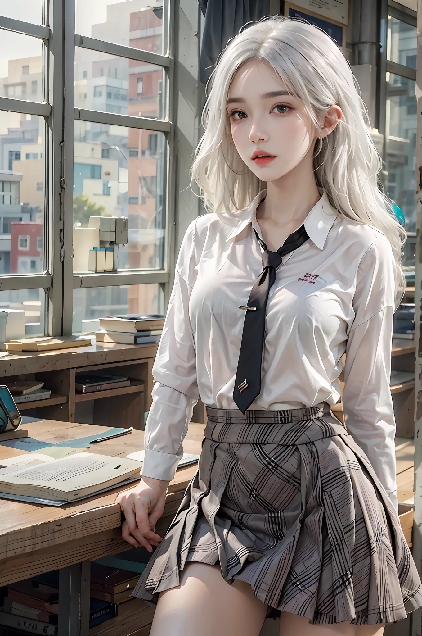 photorealistic, high resolution, 1women, solo, hips up, look at viewer, (detailed face), white hair, long hair, teacher clothes, skirt