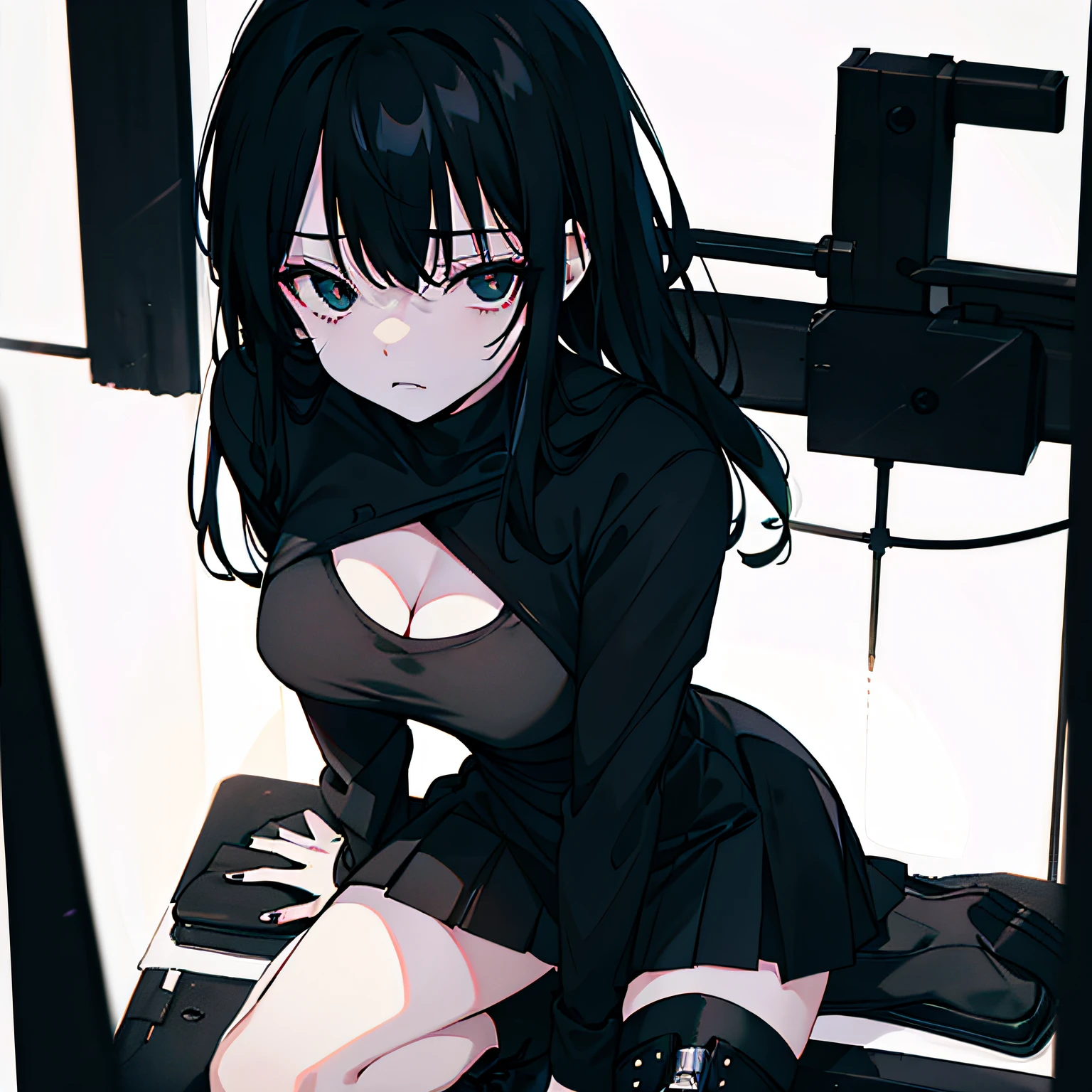1girll,utmost+meticuloso_the face,utmost+Beautiful+meticuloso_The eye,The upper part of the body,closeup cleavage,cyberpunk backgrouns,sketching,solidcolor,A woman in a black shirt and black dress,Minimalist style,Wear elegant casual clothing,Boots,Milk and black style,Black eyes,Modern and stylish dress,casual modern clothing,inspo , Anime,Blackn clothes, a black skirt, Neutral tones, Black and white color scheme, leisure wear, Scary face,, 22 year old, adult face, Long hair, ((Black hair))