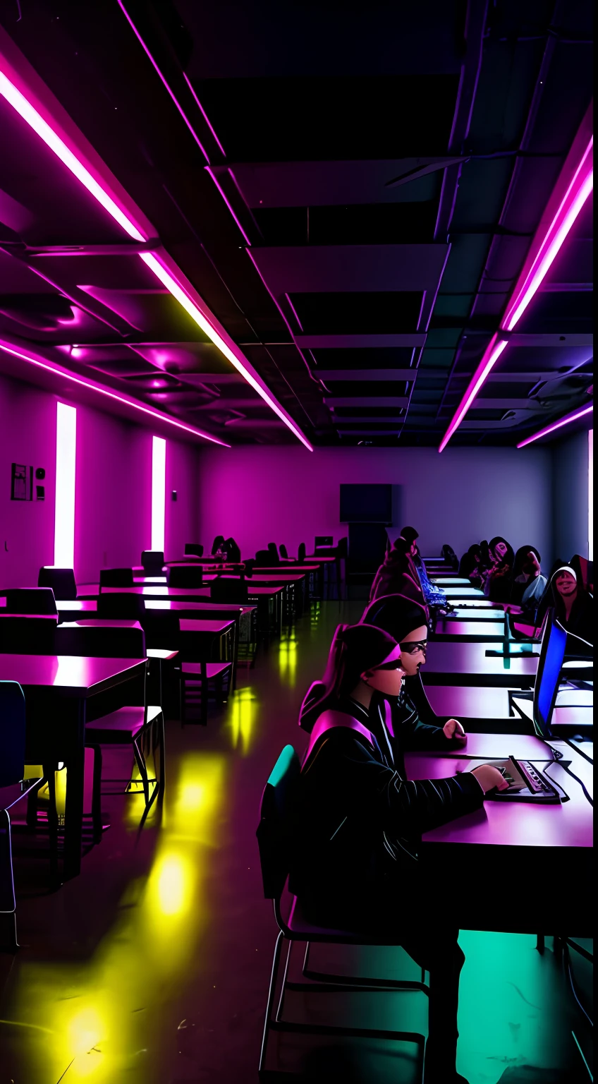universidade ciberpunk neon, estudar, jovens, faculdade neon futurista, several young cyberpunk students learning, sala de aula neon, professor ensinando neon, dramatic lighting.