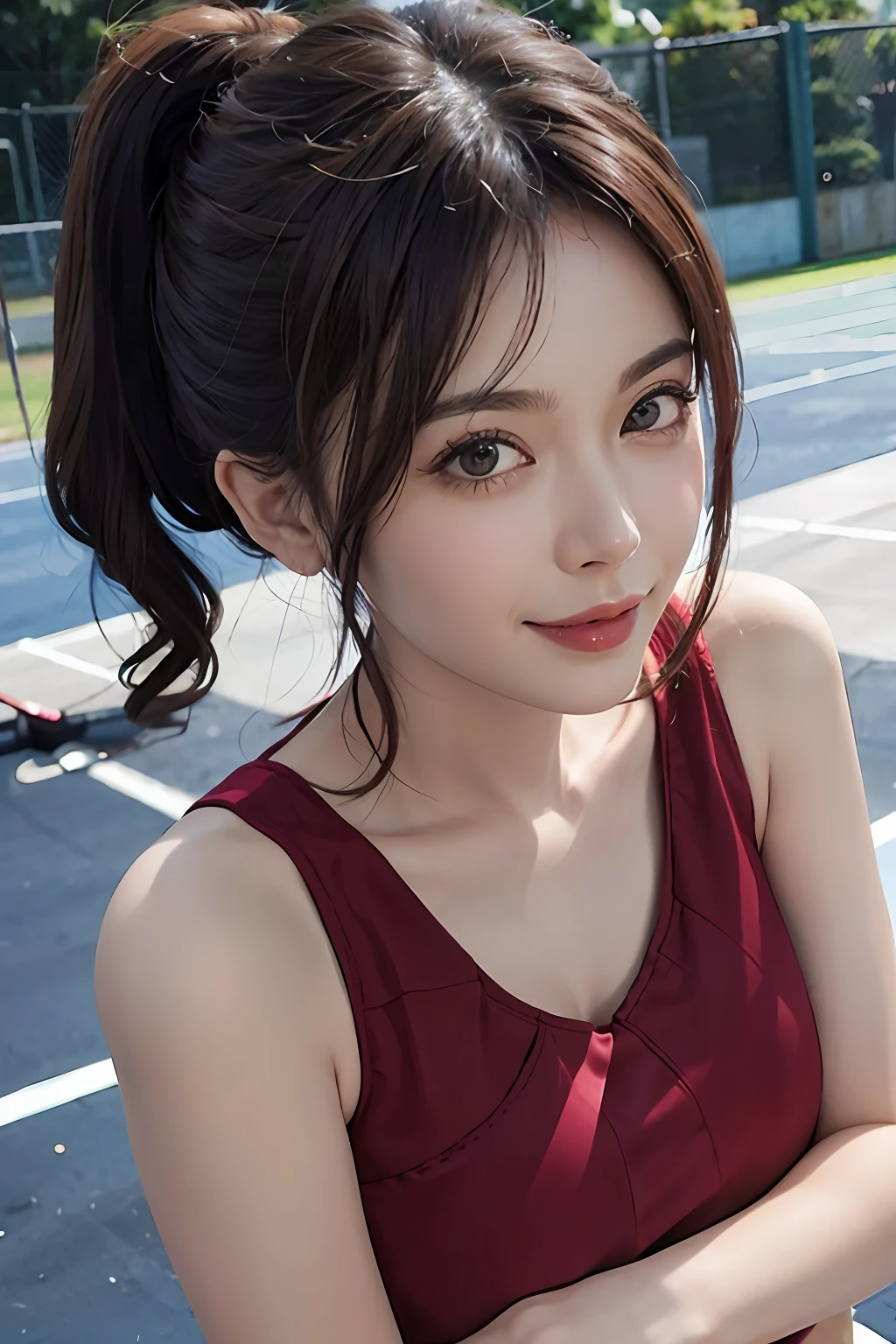 Sunny tennis court、ssmile、Tennis Wear、portlate、facial close-up