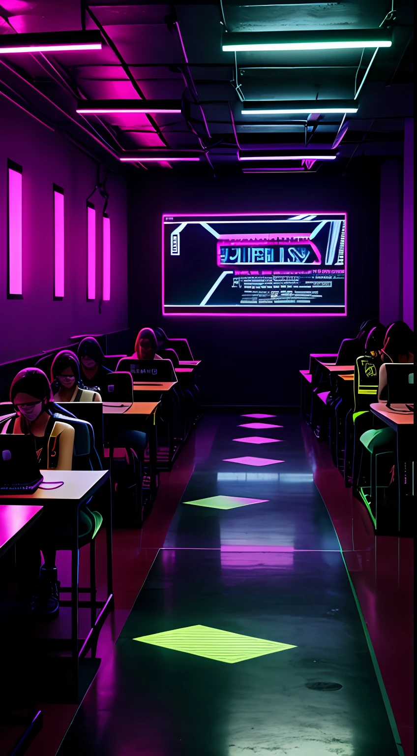 universidade ciberpunk neon, estudar, jovens, faculdade neon futurista, several young cyberpunk students learning, sala de aula neon, professor ensinando neon, dramatic lighting.