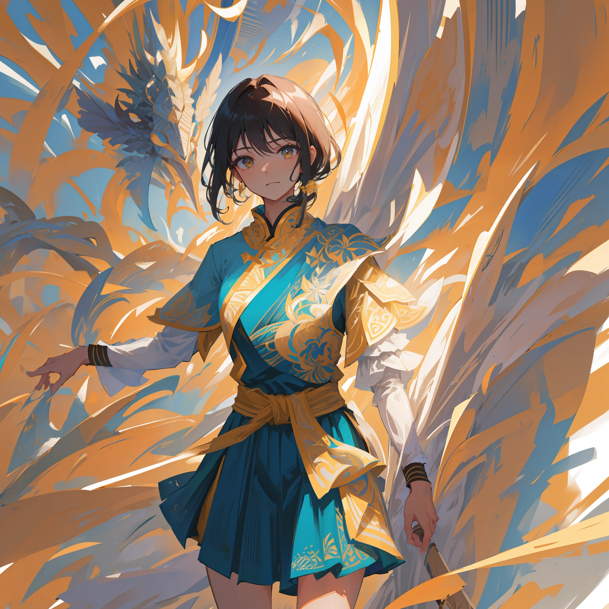 high qulity,A high resolution,A masterpiece,Ancient wind,A female warrior,Carrying a sword on his back,Wearing new Chinese clothes,The skirt has an extremely delicate layering,(Mainly light tones,elegant,Noble)There is ink wind,Close-up of people,