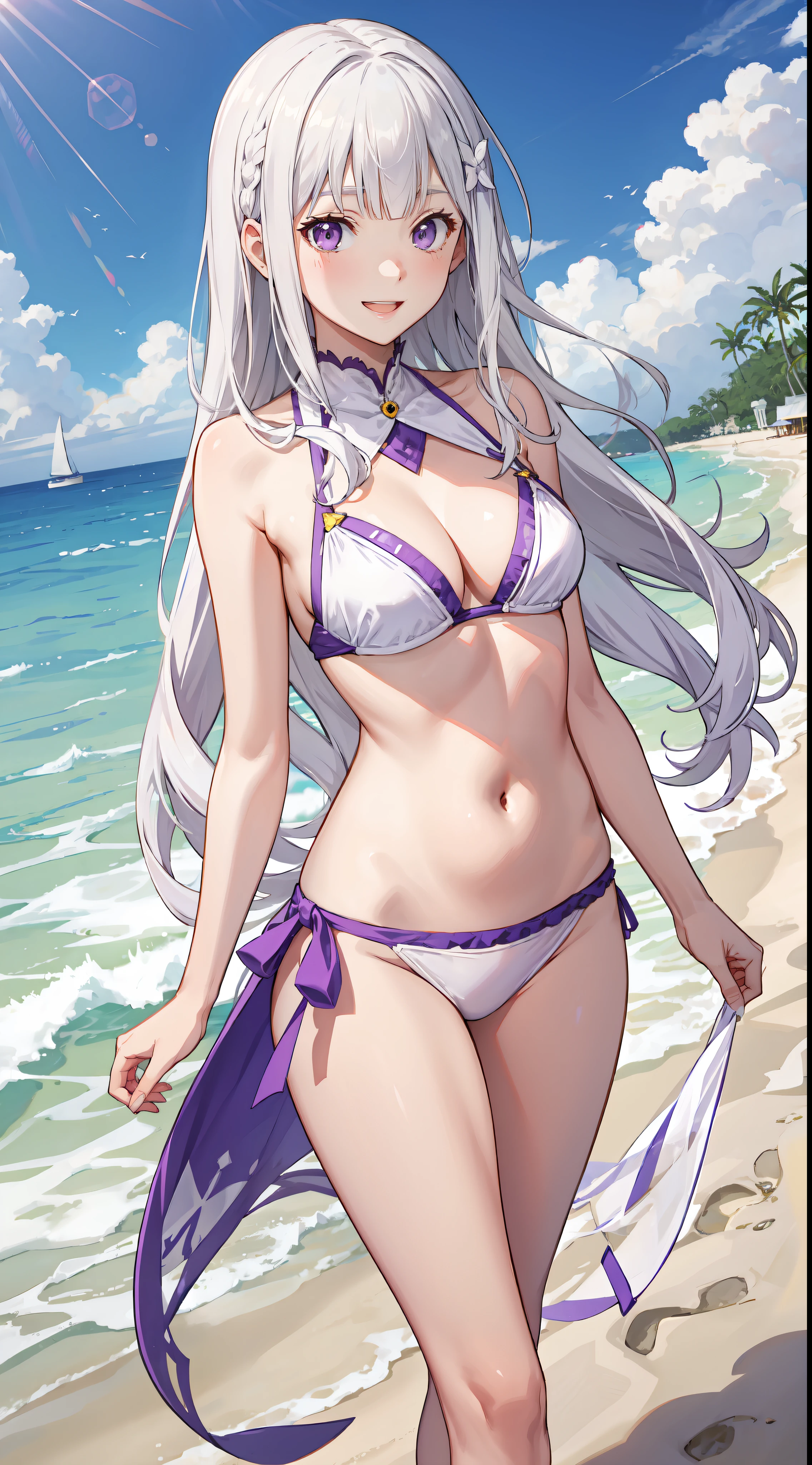 slim legs, cleavage, navel, purple eyes, emilia, stand, White hair, long hair, side tie bikini, beach, happy