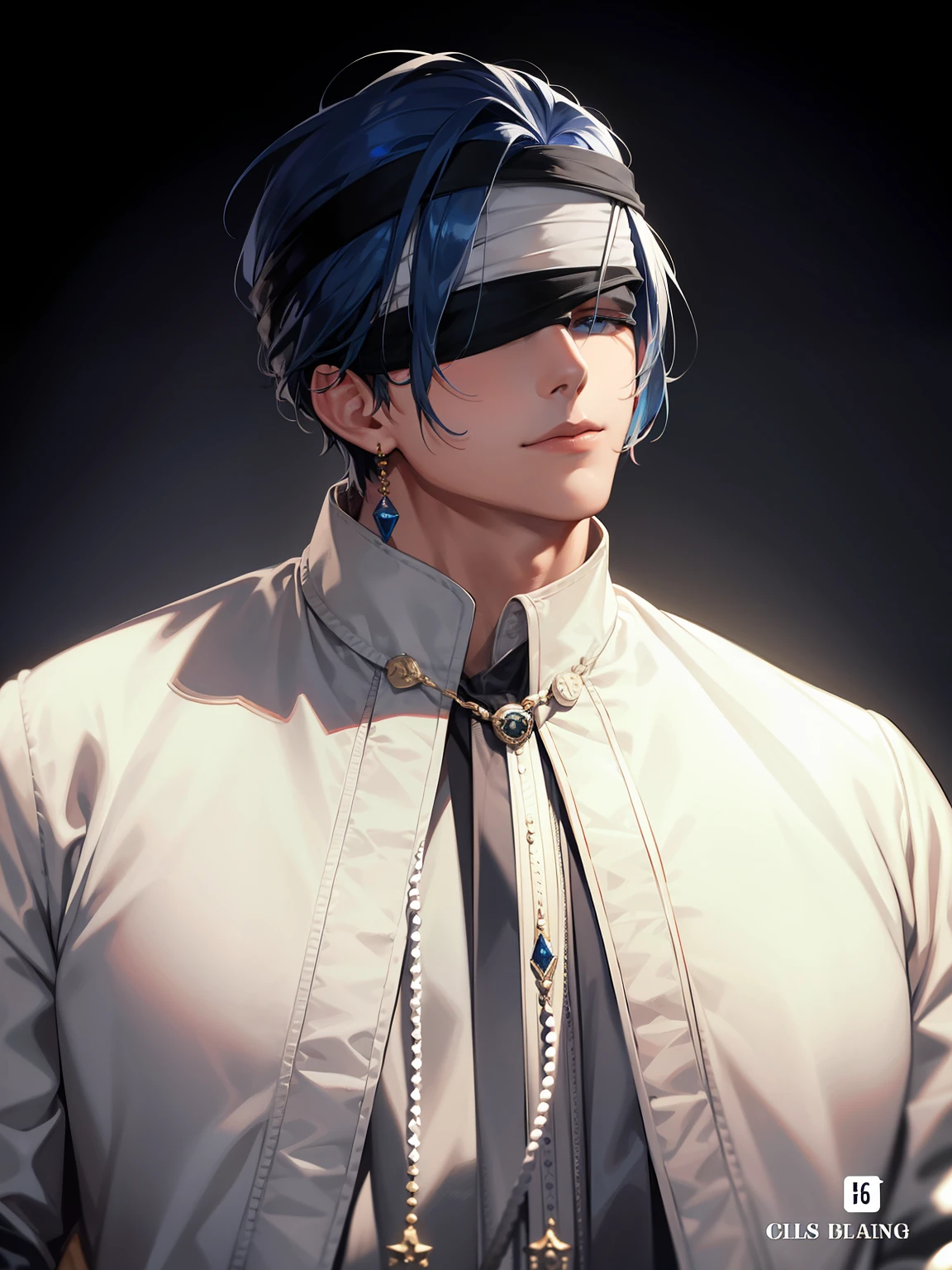 Handsome antique boy，Dashing，（（Cloth blindfolded）），Chained，no top dress，real looking skin，White bandages on hands，Necklace with earrings，blue tint，Chilling，brunette color hair，facial closeups，deep dark background，