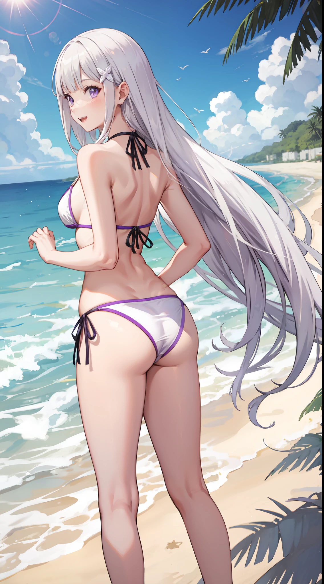 slim legs, cleavage, navel, purple eyes, emilia, stand, White hair, long hair, side tie bikini, beach, happy, from behind