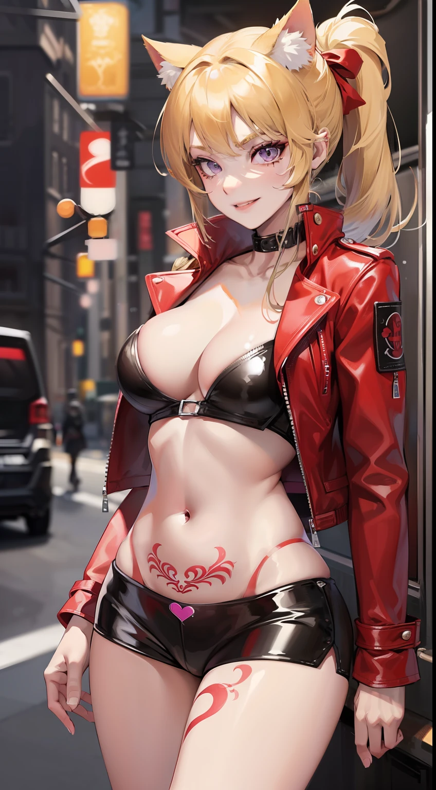 young girl, longue blonde hair, high ponytail, cat ears, violet eyes, red leather jacket, briefs, open belly, open breasts, tattoo, Scars, smirk, cigarette, Masterpiece, hiquality