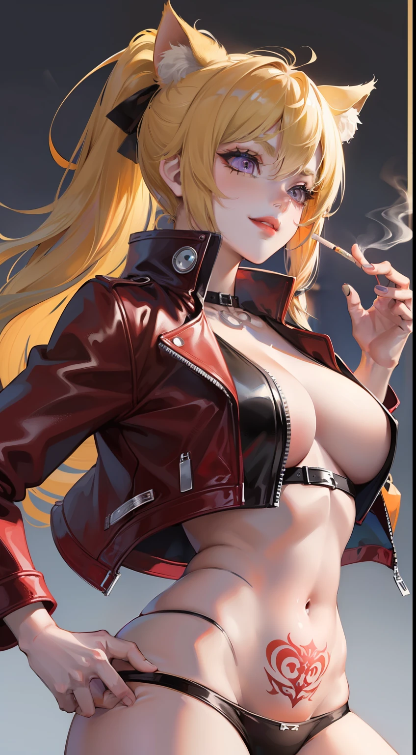 young girl, longue blonde hair, high ponytail, cat ears, violet eyes, red leather jacket, briefs, open belly, open breasts, tattoo, Scars, smirk, cigarette, Masterpiece, hiquality