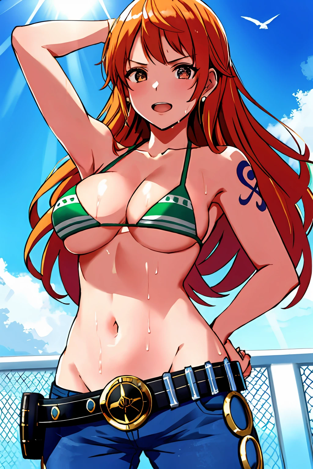 detailed background, masterpiece, 4k, best quality, late youth, adult, wrestler body, 1girl, active, energic, uppercut, (large mouth) , solo, nami \(one piece\), 1girl, bangle, (very wet, drenched in sweat, sweat all over body, very wet hair, tired, taking breath, open mouth, exhausted, shouting, sweaty face, sweaty body, sweating too much, shiny sweat, leaning, hands on hips, serious, glaring, open eyes, perfect detailed face, round face, sweaty face) bold drawing lines, muscular arms, detailed bold arm lines, flat jaw, adult woman, wavy wide streaked bangs, floating bang, (big cheeks), bare shoulders, off-shoulders, belt, bikini, bikini top only, blue sky, bracelet, springy breasts, breast lines, big round eyes, very big brown shiny eyes, bubbles, high eye position, cleavage, cloud, day, denim, earrings, floating hair, shiny hair, green belt, green bikini, bold groin lines, jeans, jewelry, medium breasts, log pose, long hair, looking at viewer, navel, wet hair, orange hair, pants, shoulder tattoo, sidelocks, sky, solo, standing, stomach, swimsuit, tattoo , looking at viewer, open mouth, detailed left arm, big forehead, hourglass figure, small head, toned body, wide hair, wind effect, sun effect, under the sun, narrow small ears angle, older, random poses,