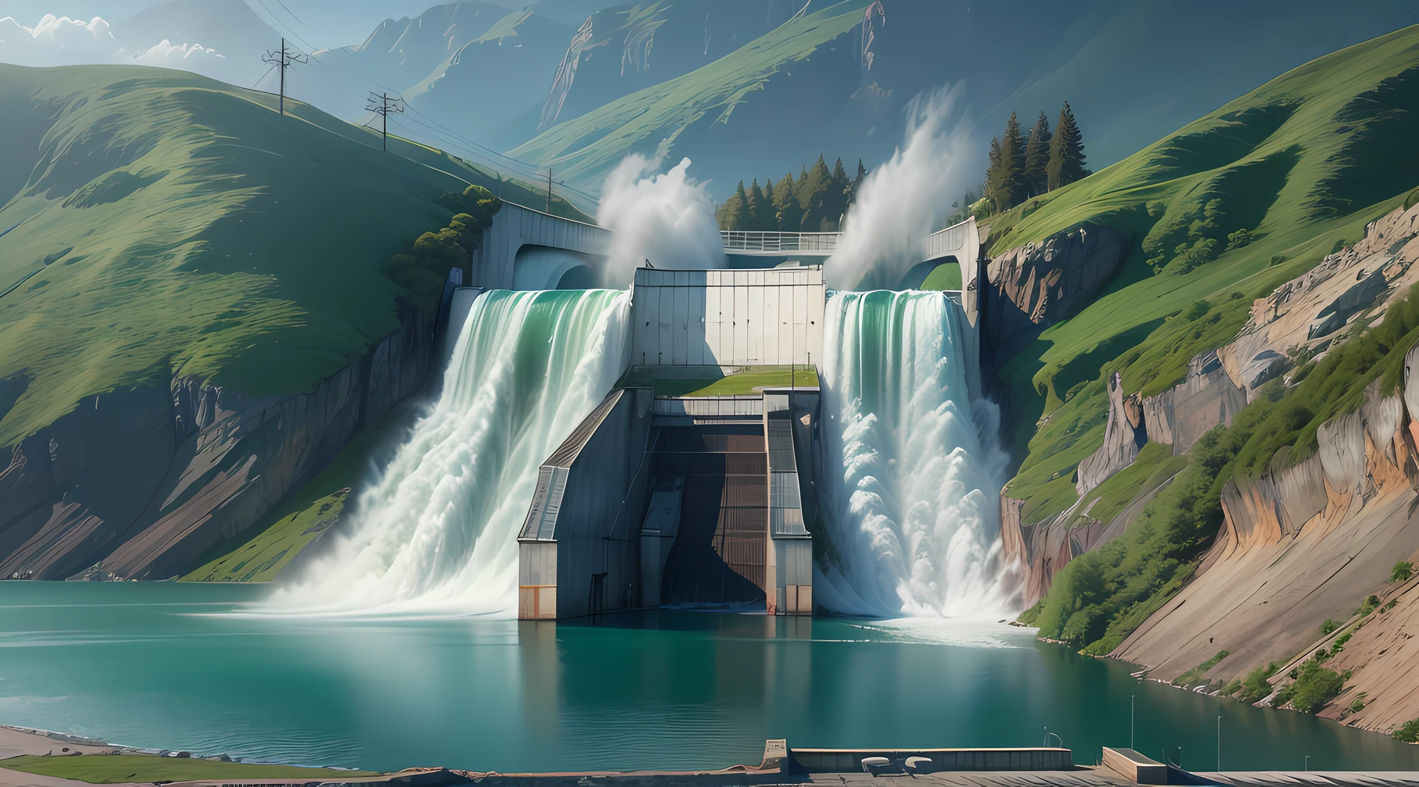 (A lake with beautiful huge hydroelectric power, Control the water, Waves.), Detailed, 8K, Fantastic, Natural