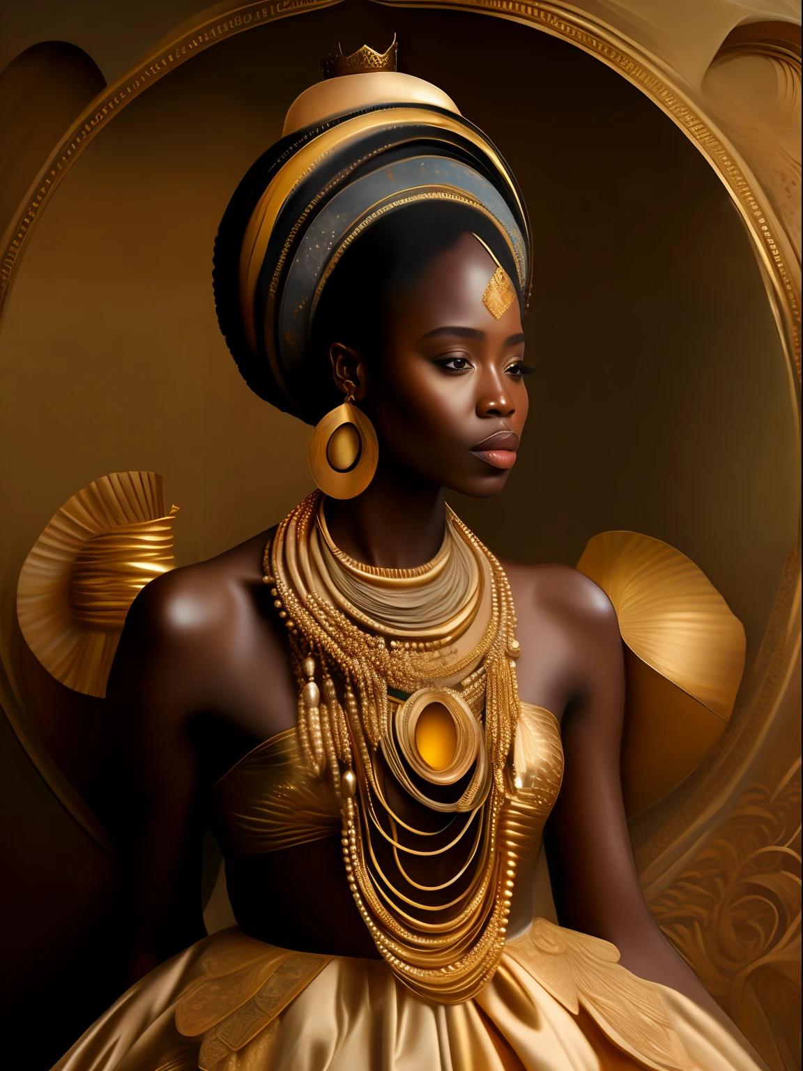 Orisha oxum, Candomblé costumes, Candomblé Skirt African Goddess, African accessories, Skirt with conch shells, cinto dourado, colares Zulu, Nigeria, inspirada em Hale Bailey, cachoeira, lilies, Afrofuturismo, misticismo, Cultura Africana, maquiagem tribal, Orisha oxum, com colar em torno do estilo africano, com seios nus adornados com pulseiras douradas;, saia longa dourada, belt with gold coins and whelks, braided hair and mirror in hand in a waterfall with white lilies on feet,Oxum was queen In her right hand she had her mirror where she lived to look at herself