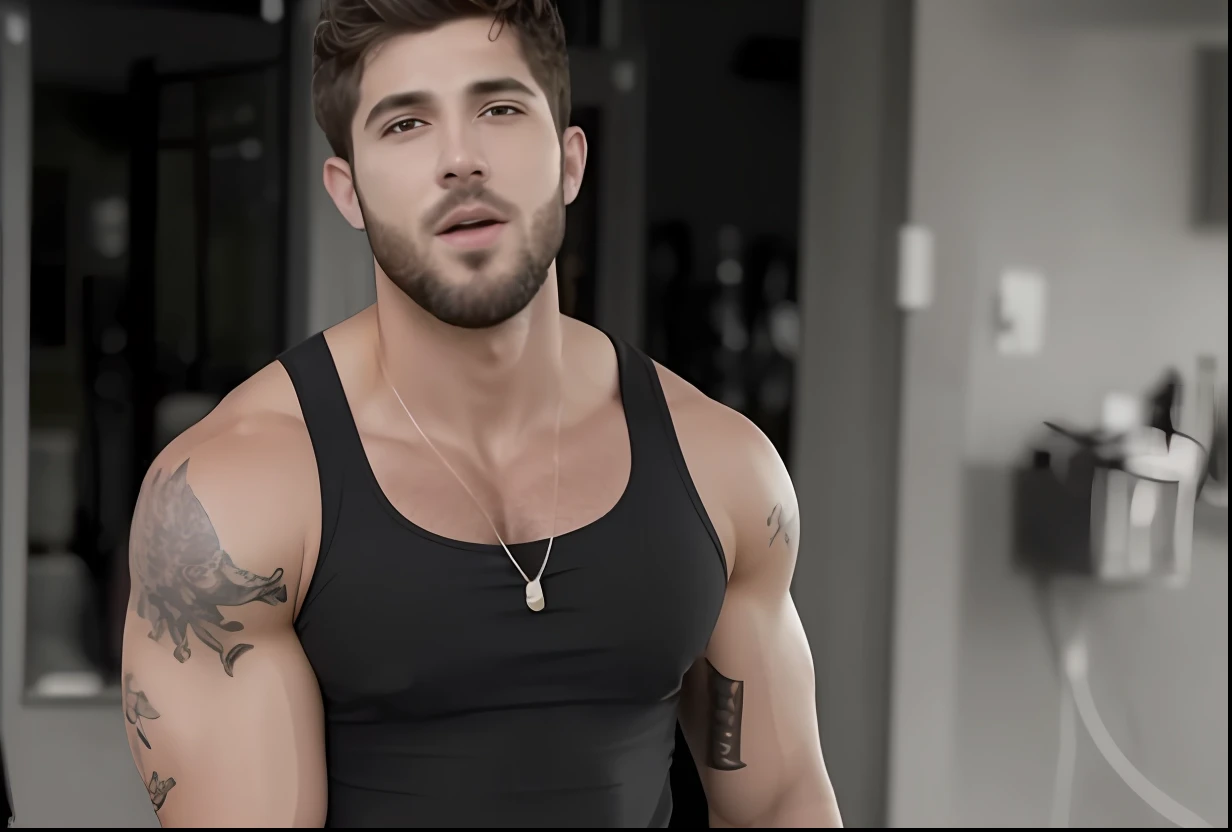 a man with a tattoo on his arm and a black tank top, Corpo de Ernest Khalimov, meio tiro de um hunky, Fisiculturista Ernest Khalimov, Diego Fazio, muito musculoso, usando uma camiseta regata, vestindo uma camiseta muscular, usando uma camiseta regata de corte baixo, Zachary Corzine, tanque preto apertado, strong masculine features