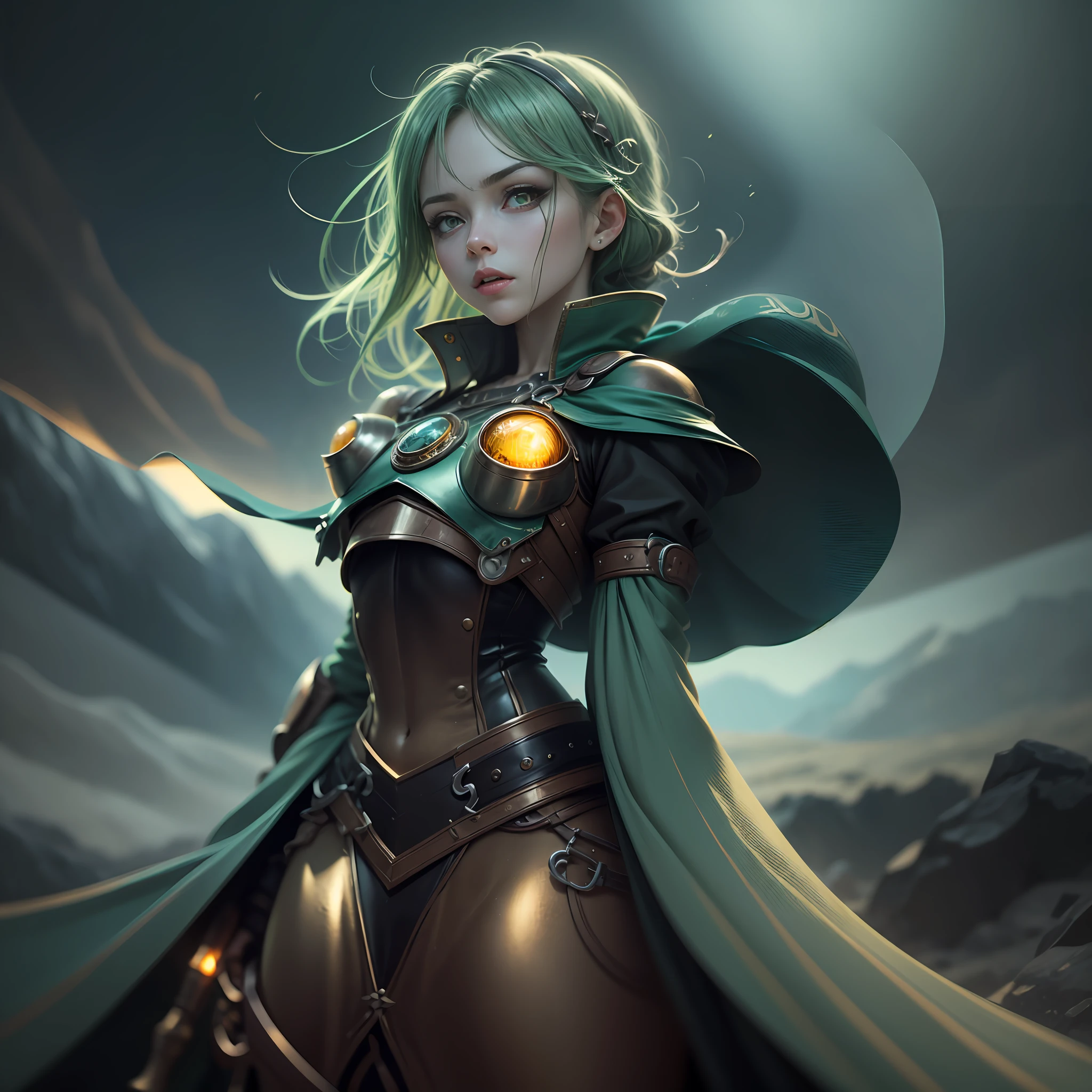 Repitilian metallic green body eyes yellow, in a montain, pastel colors dark, dark steampunk, Kentaro Miura style , detalhes intrincados, perfect features, Dramatic, Cinematic lighting, Highlight lighting, SSAA, smooth rendering, No noise 2:3 --auto --s2
