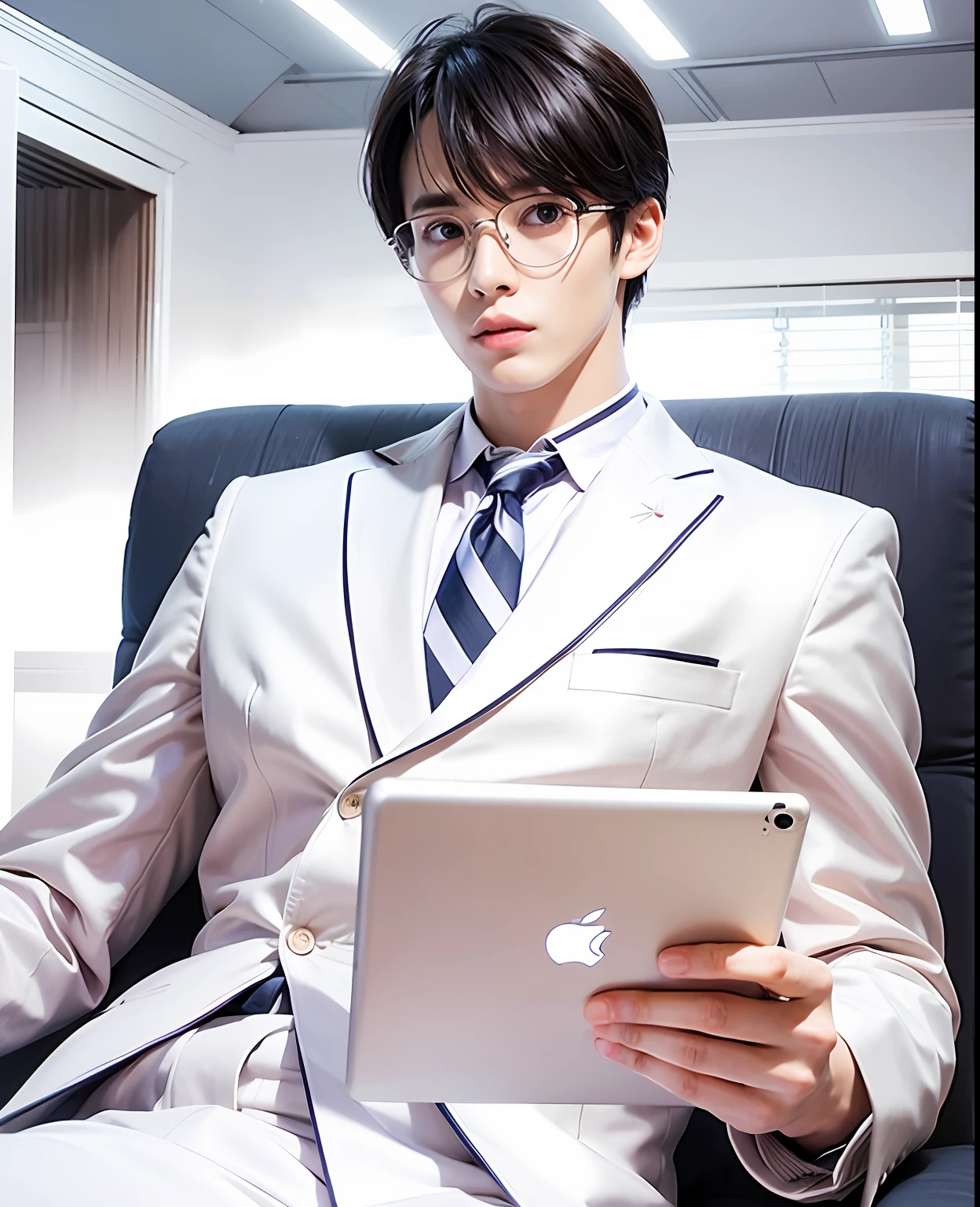 anime image of a man in a suit and tie holding a tablet (IPad), wearing white suit, and glasses, manhwa, handsome prince, wearing white suit, and tia, webtoon, delicate androgynous prince, he wears an eyepatch, foxish guy in a white suit, inspired by Byeon Sang-byeok, kim doyoung