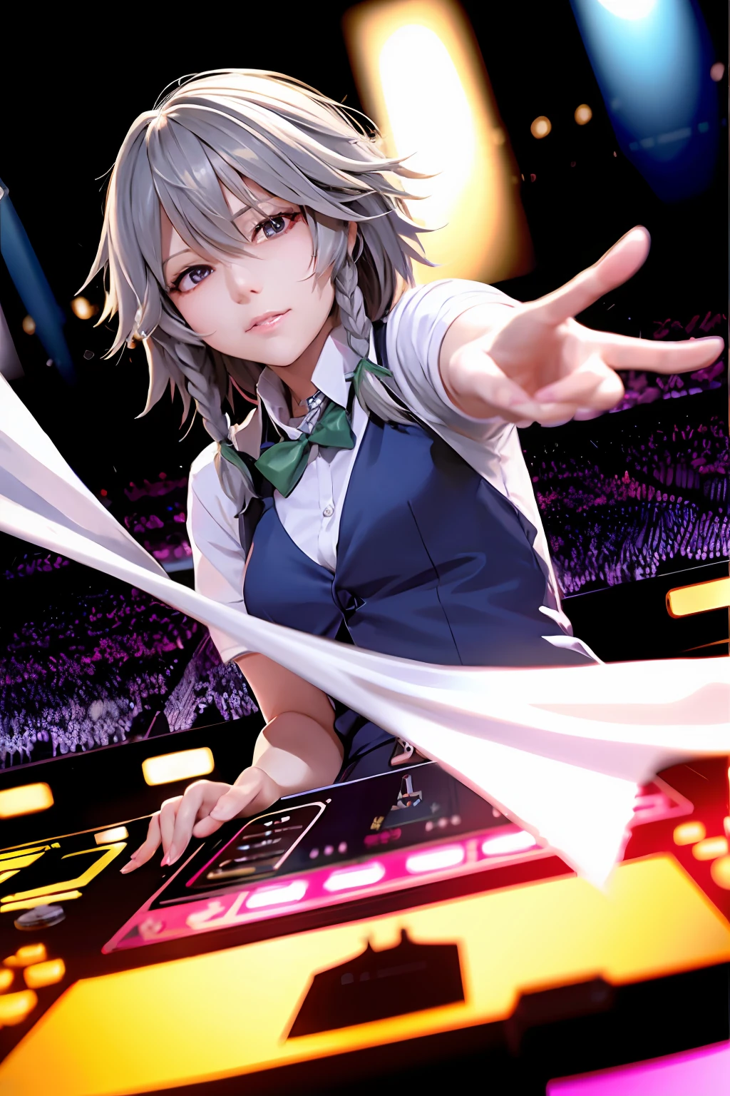 "A solo shot featuring Izayoi Sakuya, a DJ, showcasing her skills on the turntables at a vibrant rave."