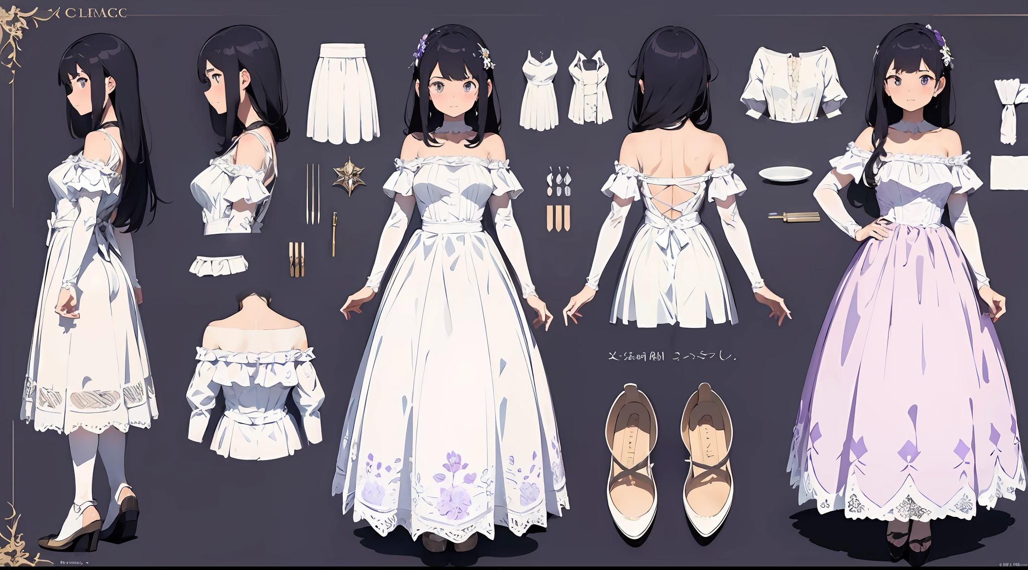 (Masterpiece), Best quality, （CharacterDesignSheet，Same role，frontage，Lateral face，on  back）, wears a white dress，Purple lace，（White lace gloves，Purple lace），There are flowers on it,   concept-art，Lace gloves，Off-the-shoulder attire